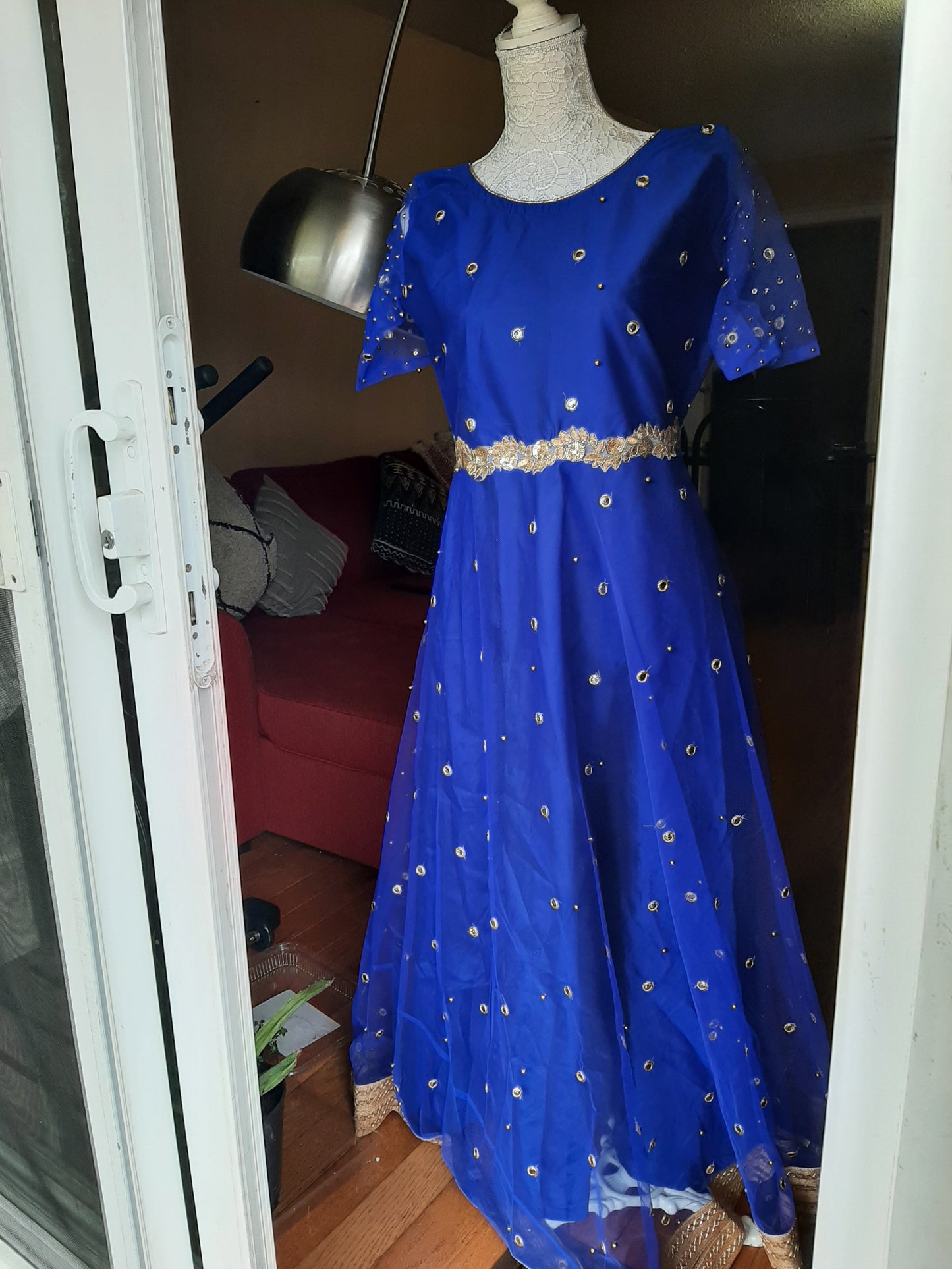 Blue Net Gown with Multi-colored Dupatta @ DressingStylesCA.com
