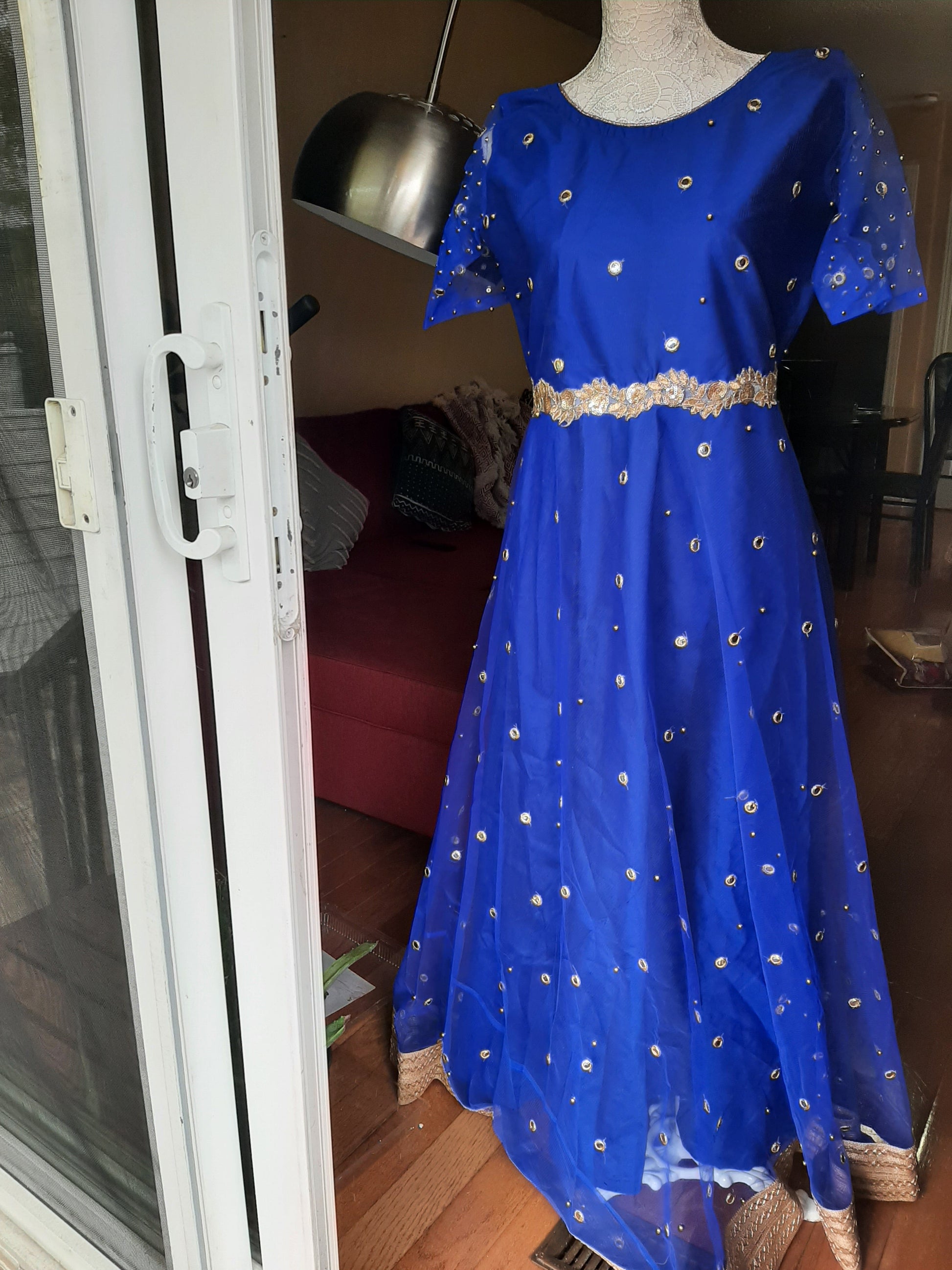 Blue Net Gown with Multi-colored Dupatta @ DressingStylesCA.com