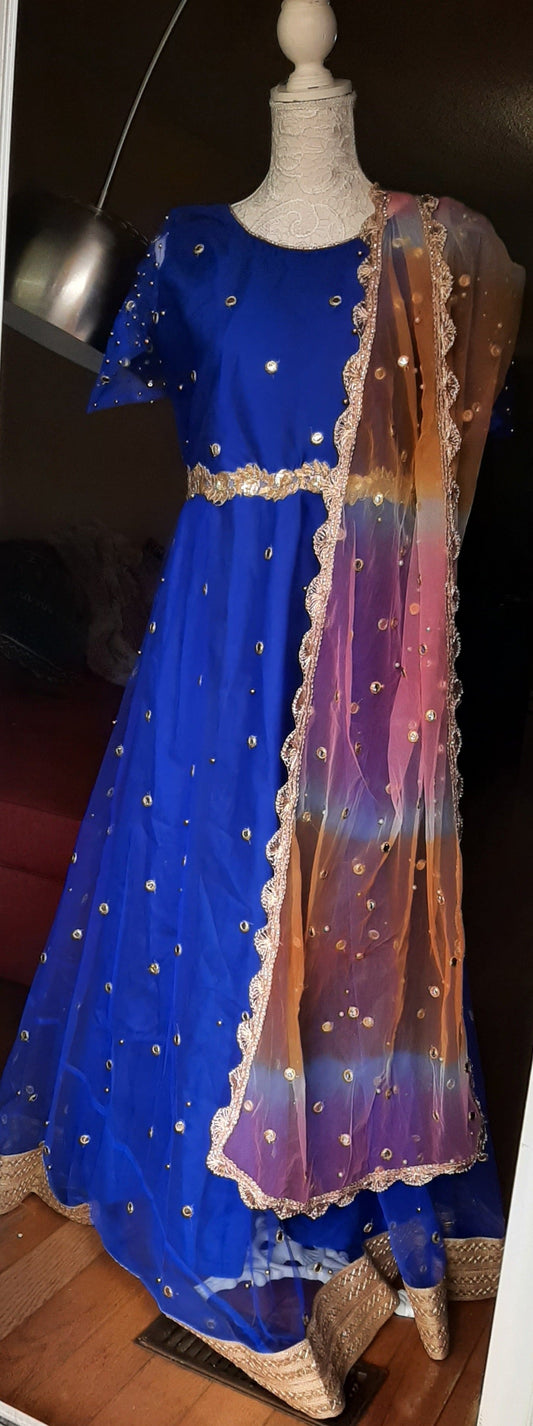 Blue Net Gown with Multi-colored Dupatta @ DressingStylesCA.com