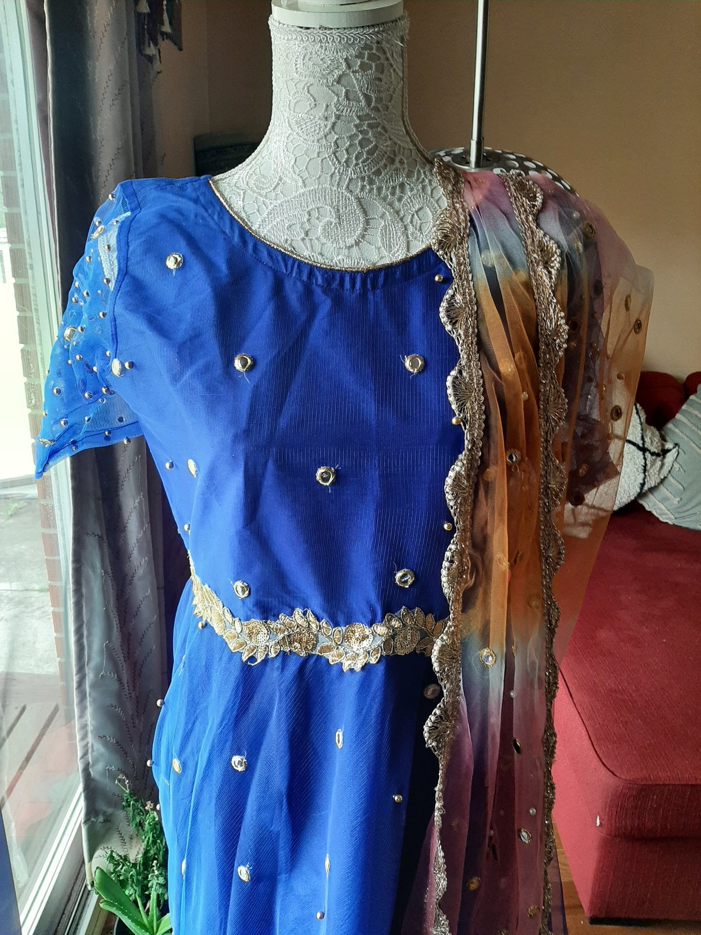 Blue Net Gown with Multi-colored Dupatta @ DressingStylesCA.com