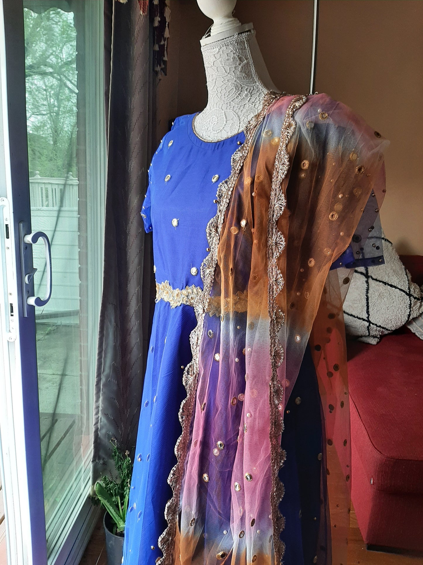 Blue Net Gown with Multi-colored Dupatta @ DressingStylesCA.com