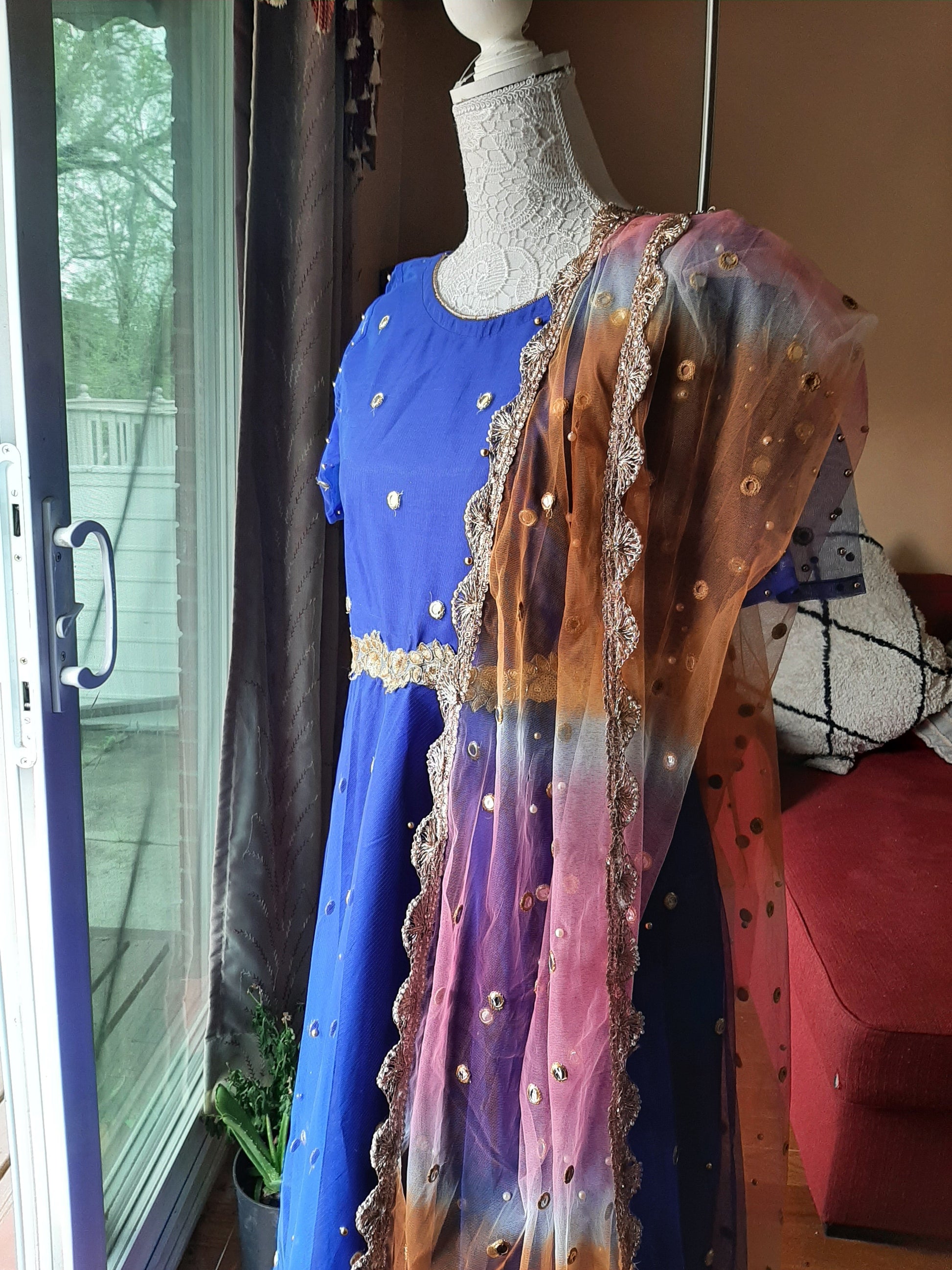 Blue Net Gown with Multi-colored Dupatta @ DressingStylesCA.com