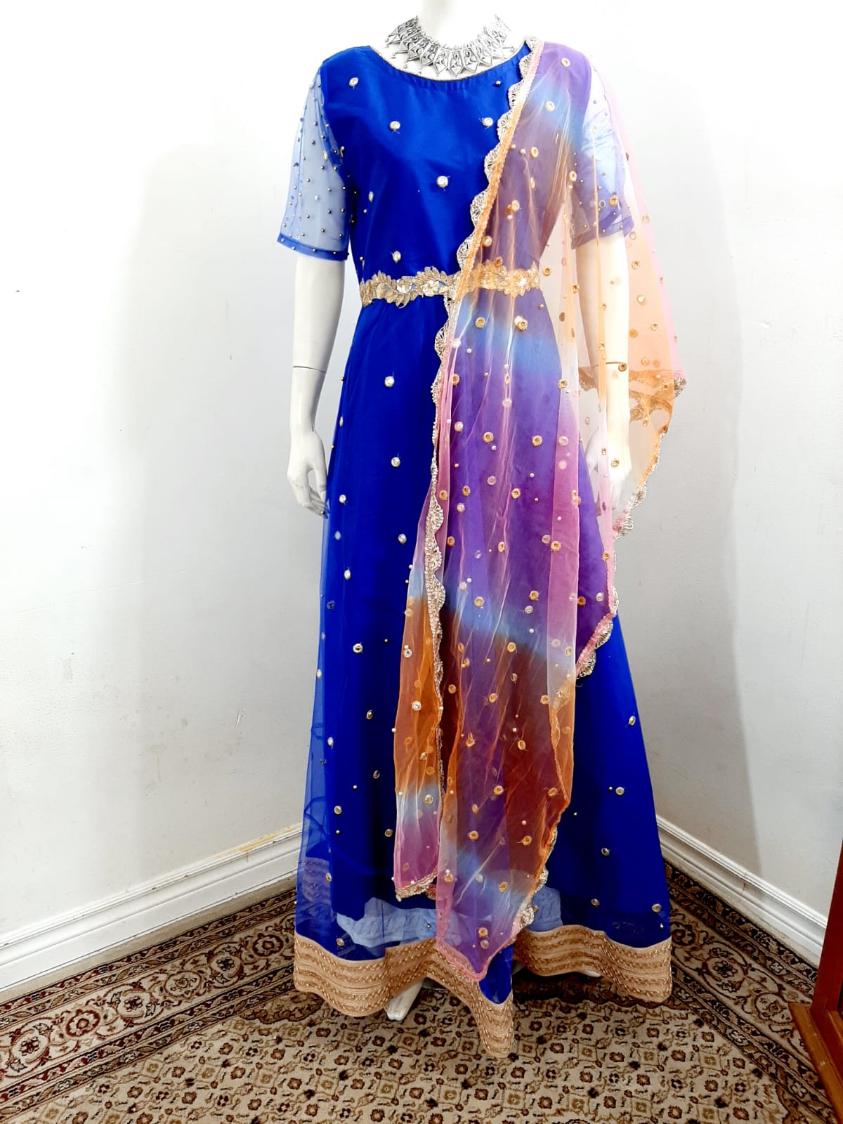 Blue Net Gown with Multi-colored Dupatta @ DressingStylesCA.com
