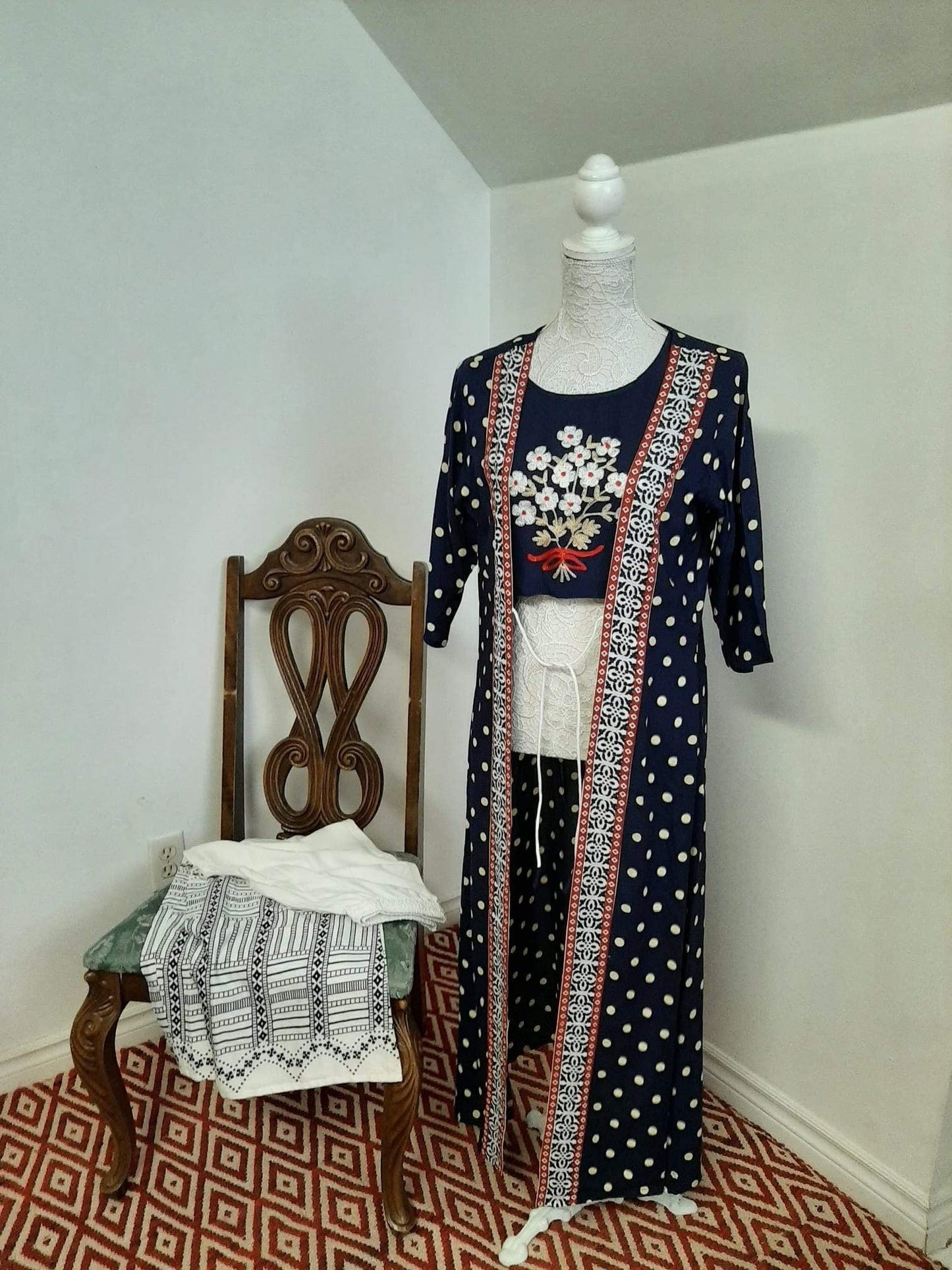 Blue Top and Long Coat & White Palazzo @ DressingStylesCA.com