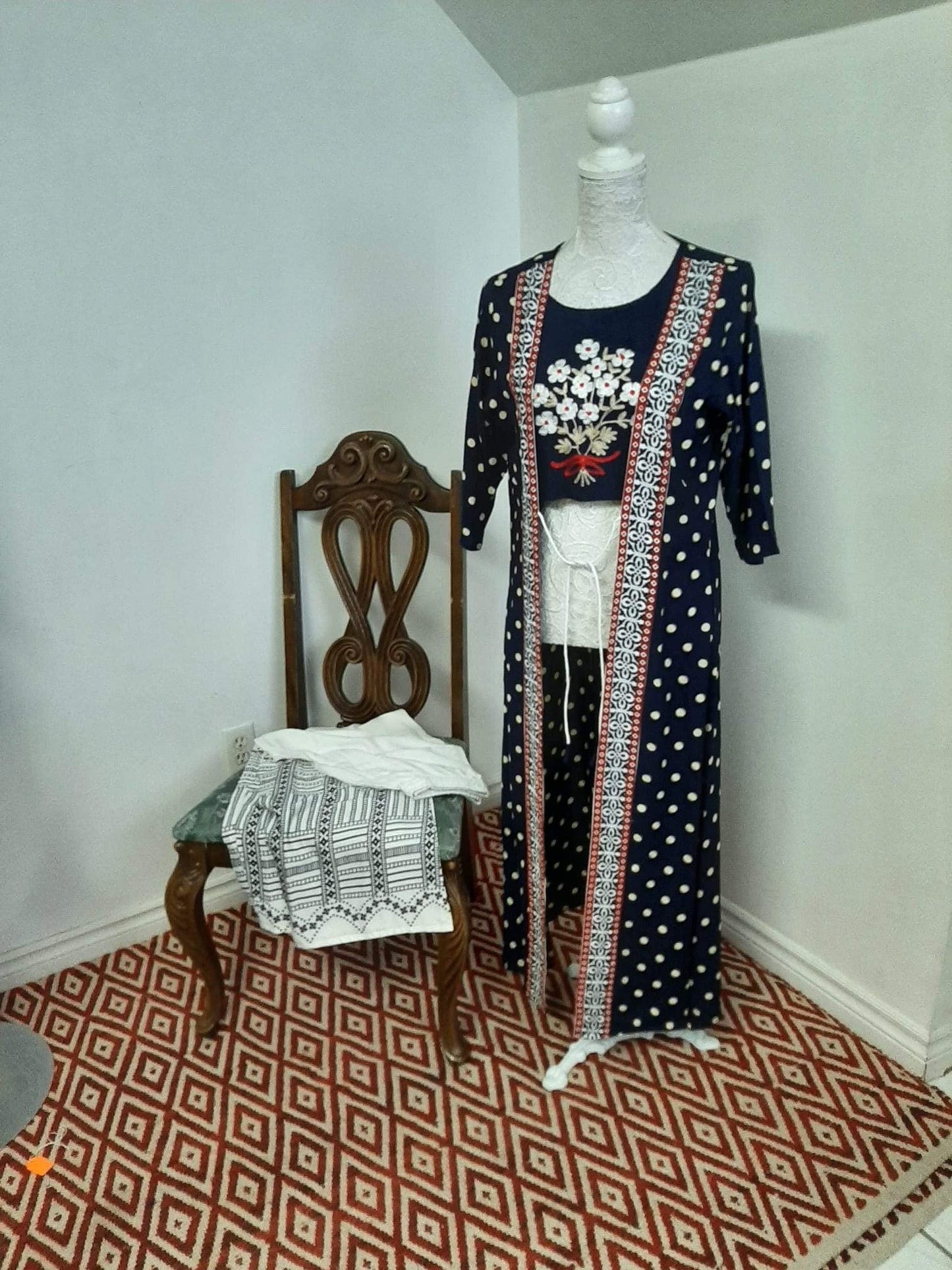 Blue Top and Long Coat & White Palazzo @ DressingStylesCA.com