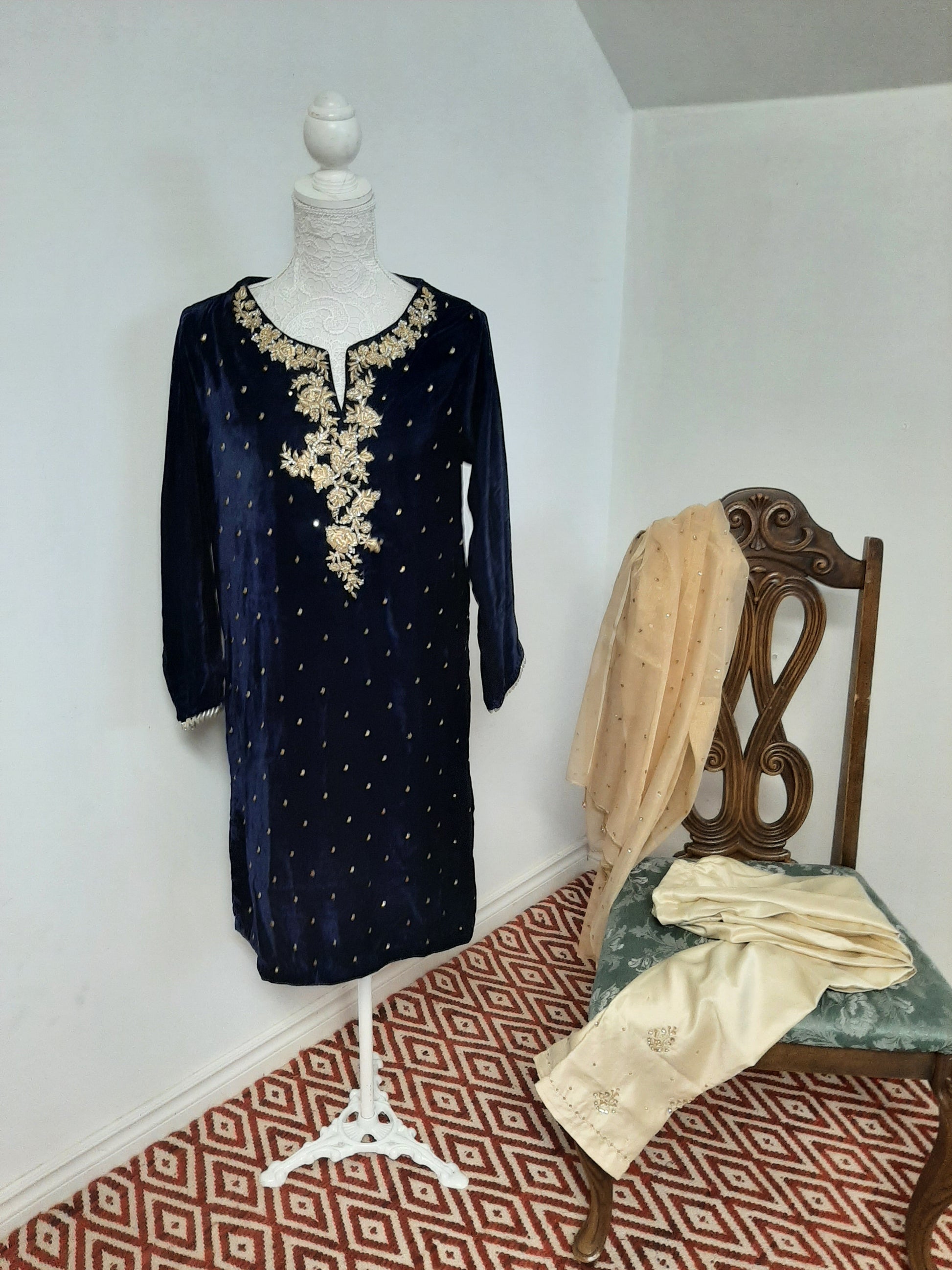 Blue Velvet Kurti & Golden Pants @ DressingStylesCA.com