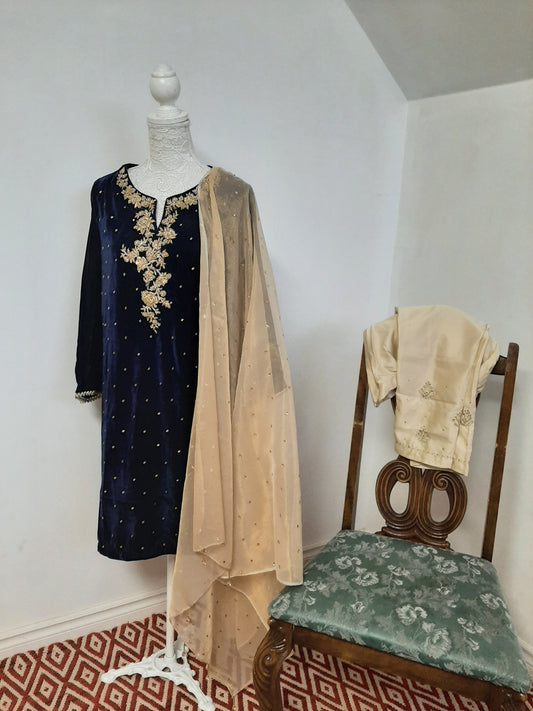 Blue Velvet Kurti & Golden Pants @ DressingStylesCA.com
