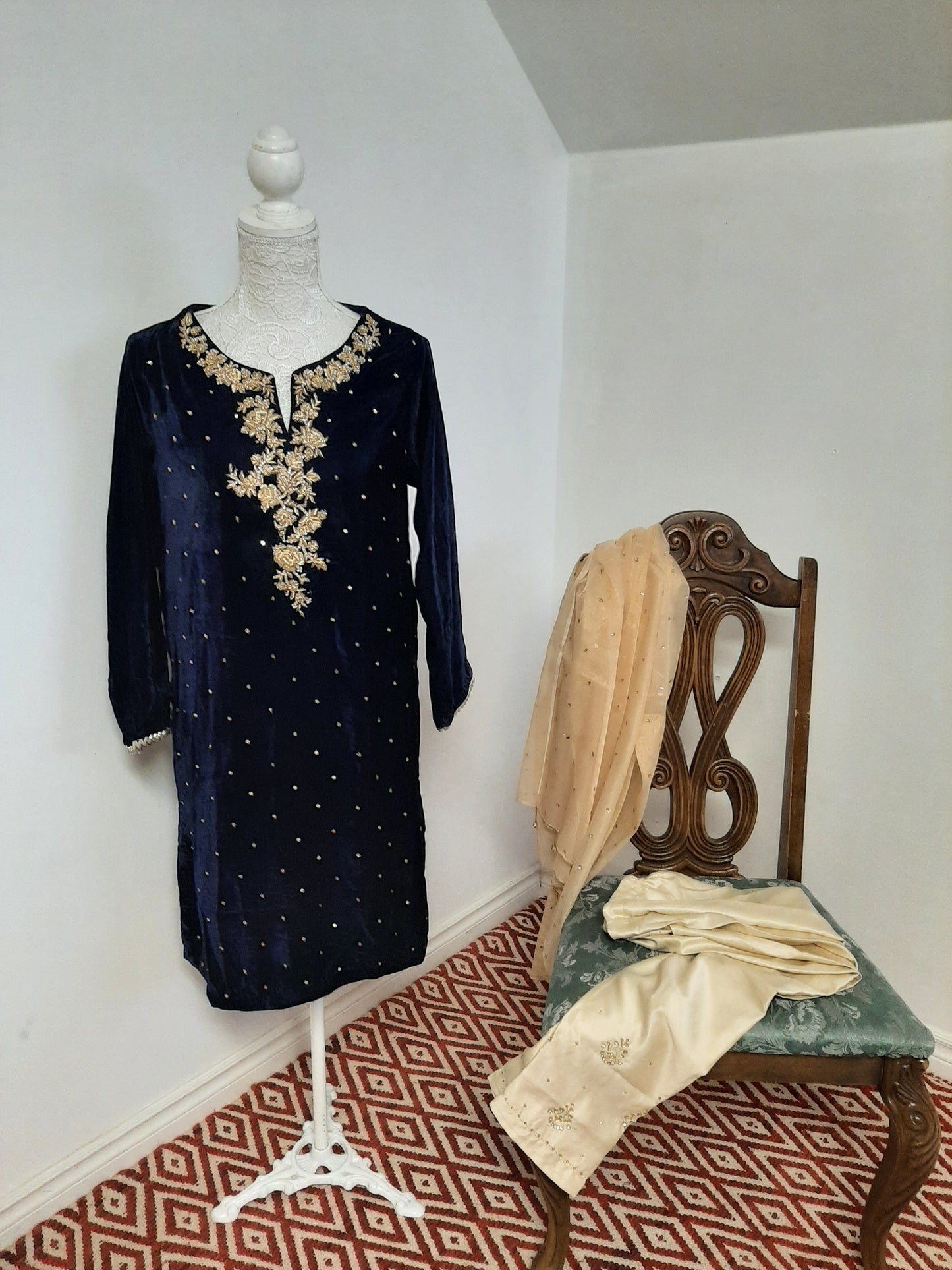Blue Velvet Kurti & Golden Pants @ DressingStylesCA.com