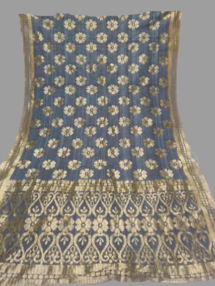 Bluish Grey with Golden Border Dupatta - Fancy material @ DressingStylesCA.com
