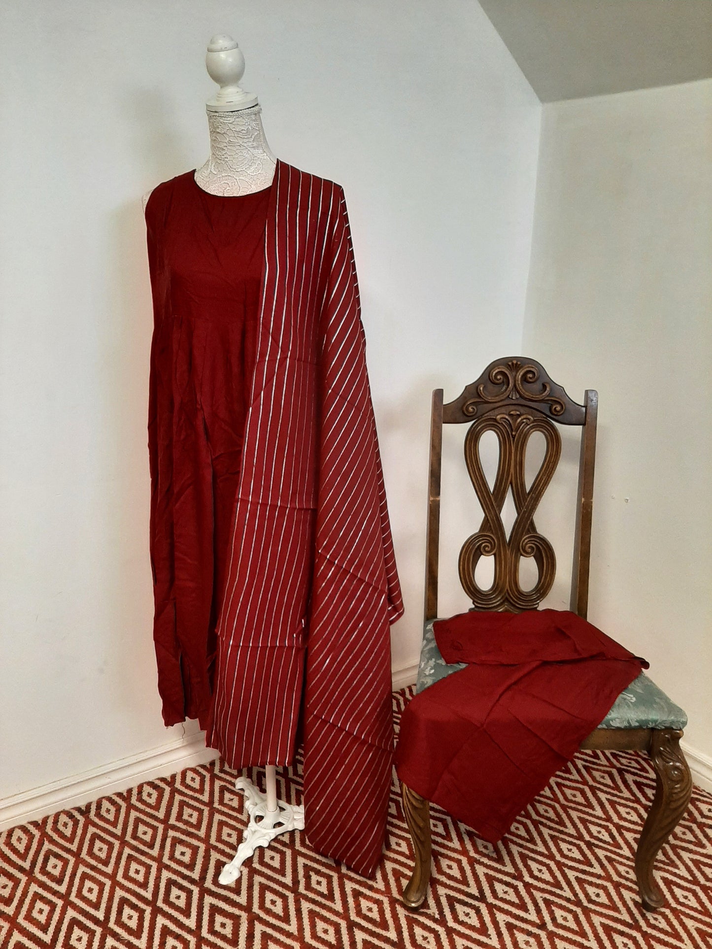 Brick Red Kurti with Silver line Dupatta @ DressingStylesCA.com