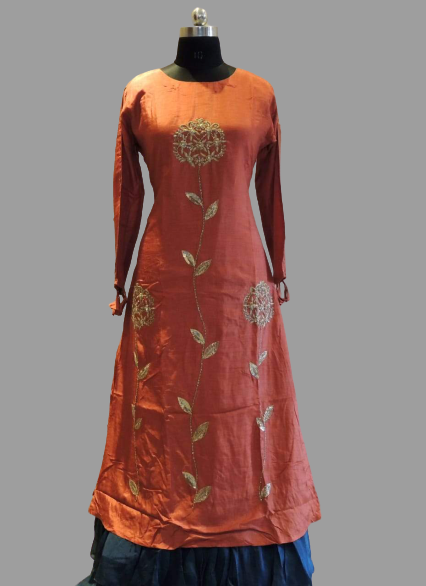 Brick Red Long Greyish Blue and Dola Gown @ DressingStylesCA.com