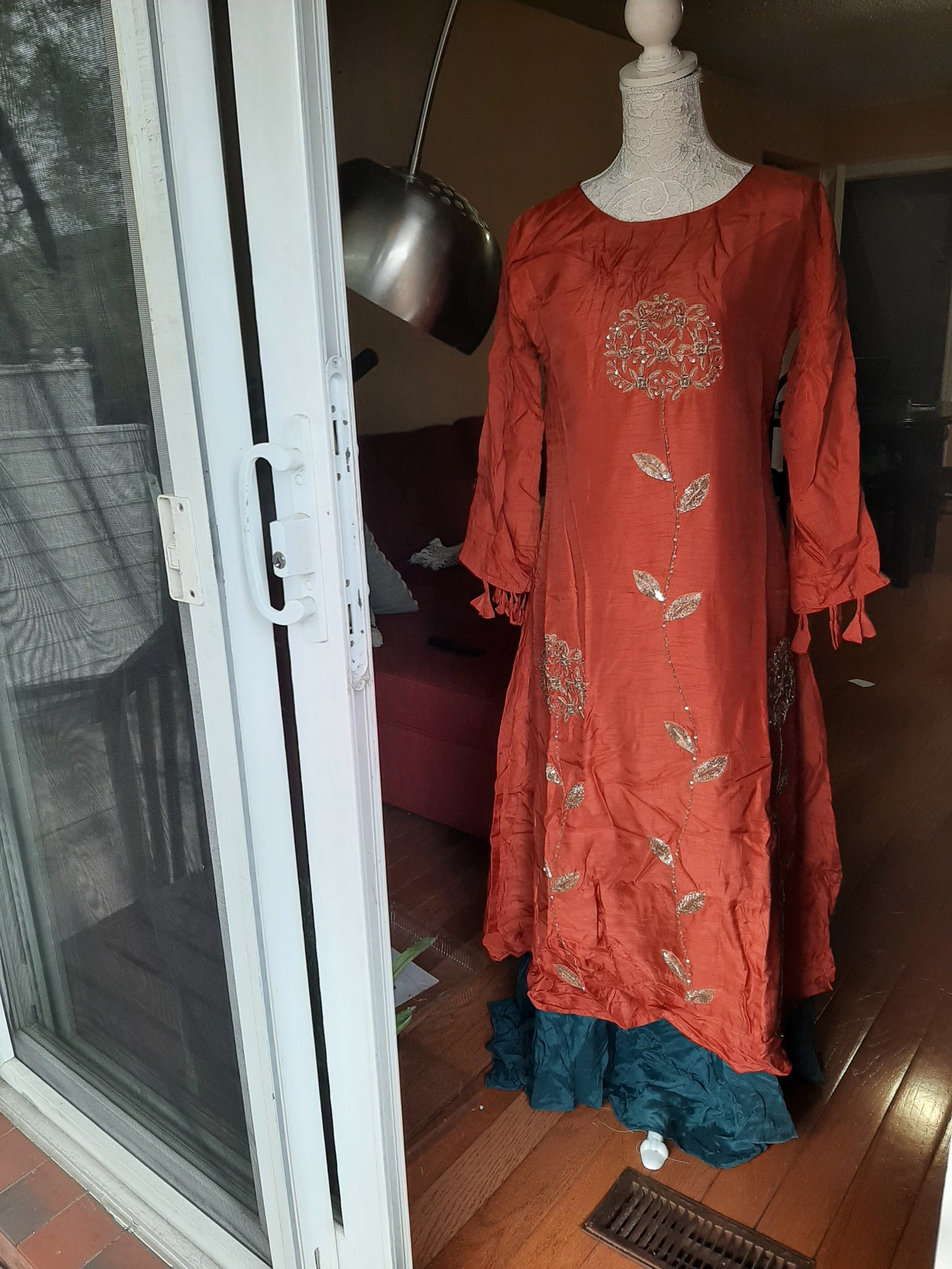 Brick Red Long Greyish Blue and Dola Gown @ DressingStylesCA.com