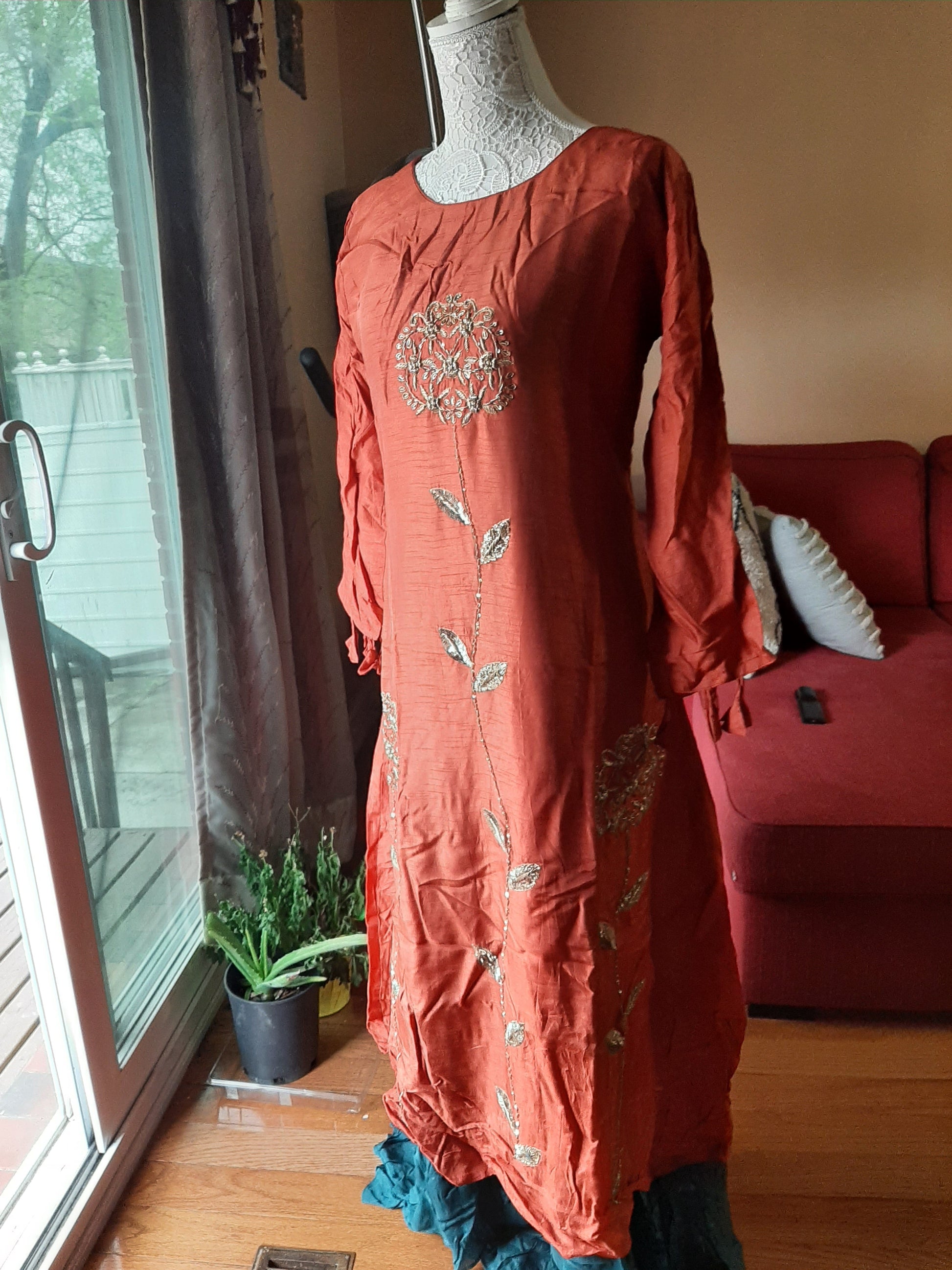 Brick Red Long Greyish Blue and Dola Gown @ DressingStylesCA.com