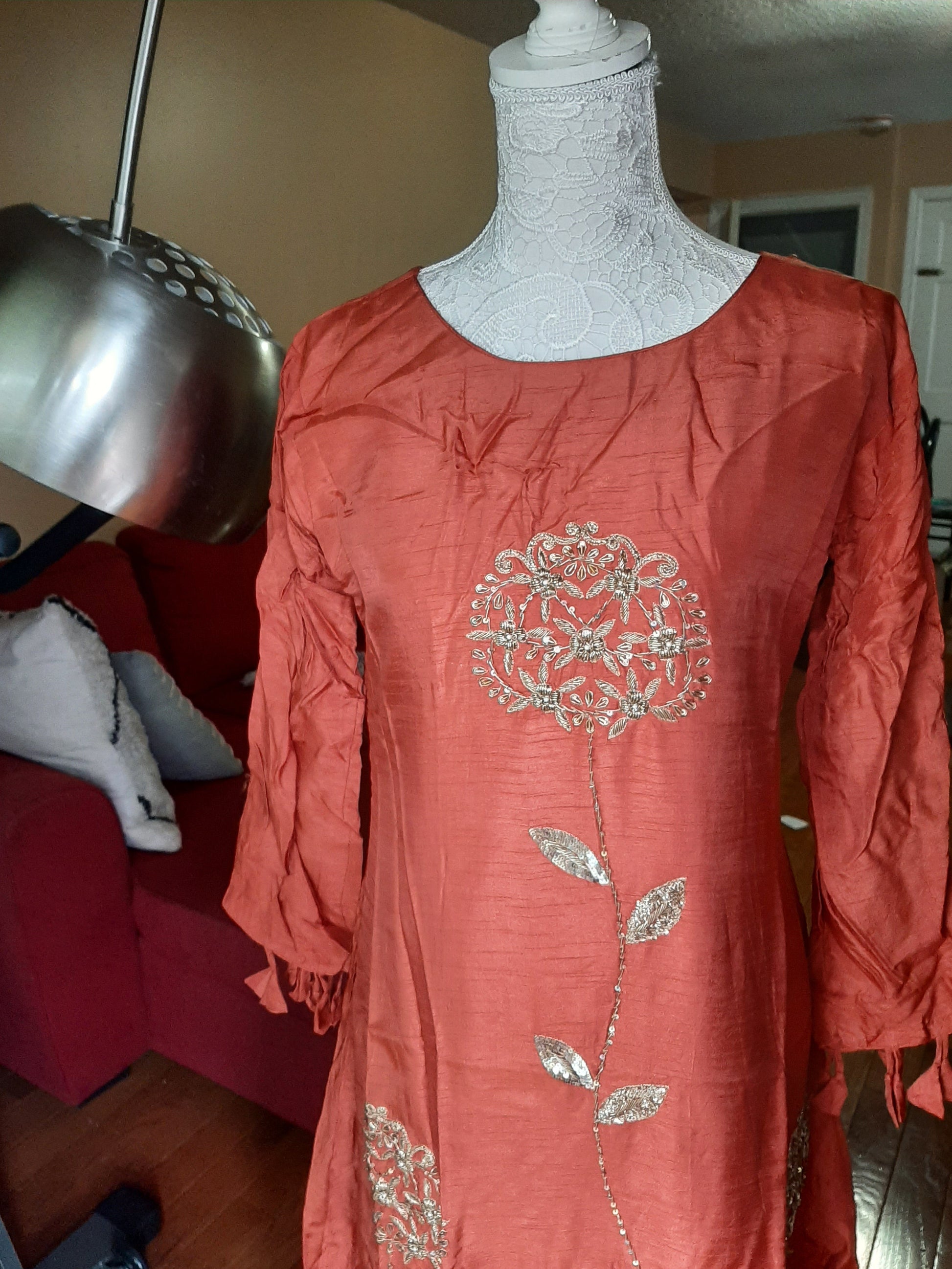 Brick Red Long Greyish Blue and Dola Gown @ DressingStylesCA.com