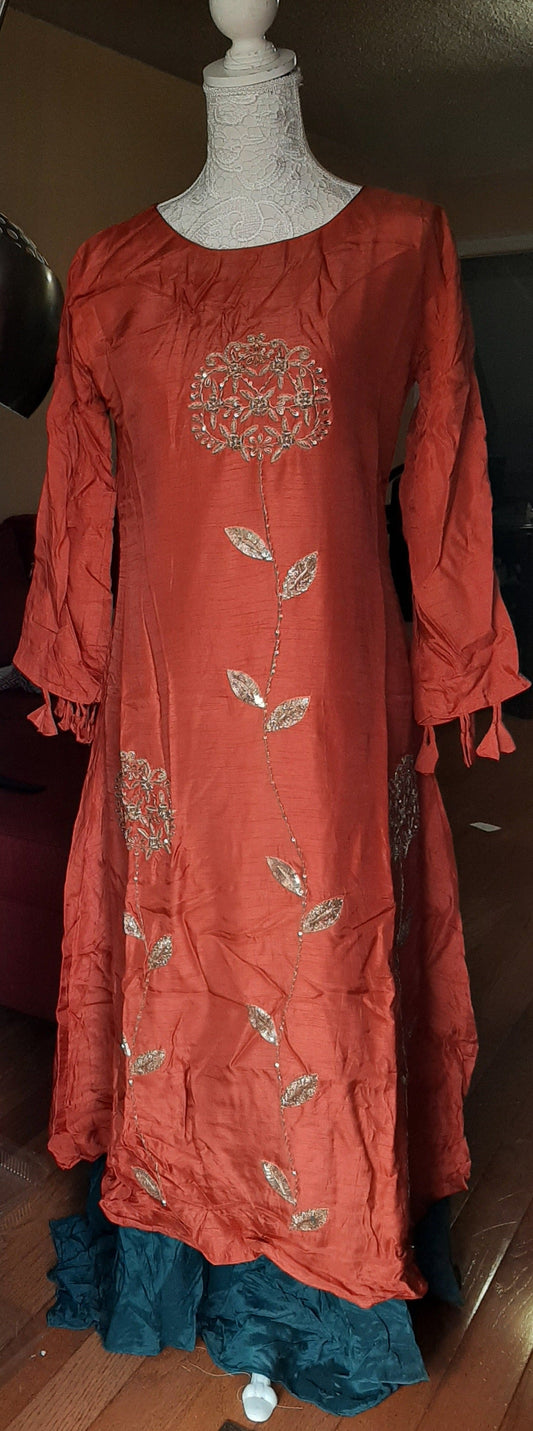 Brick Red Long Greyish Blue and Dola Gown @ DressingStylesCA.com