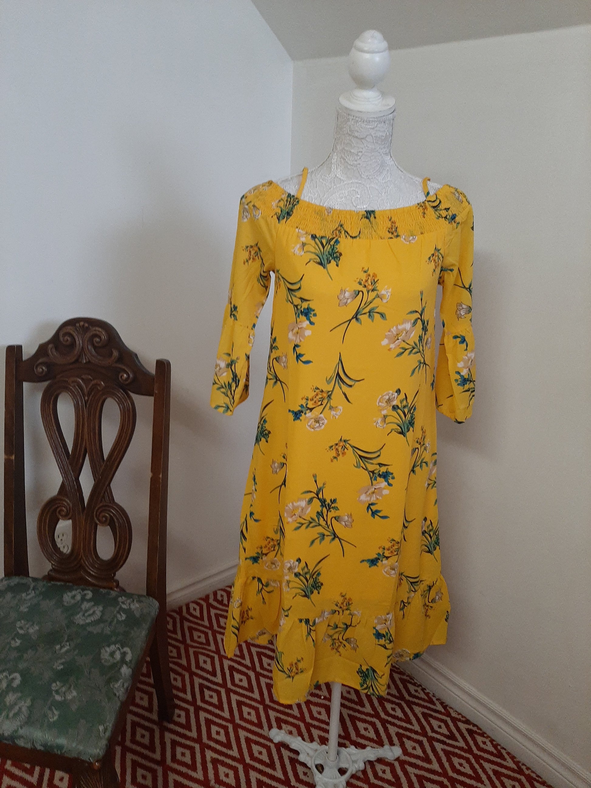 Bright Yellow Floral Off- Shoulder Dress @ DressingStylesCA.com