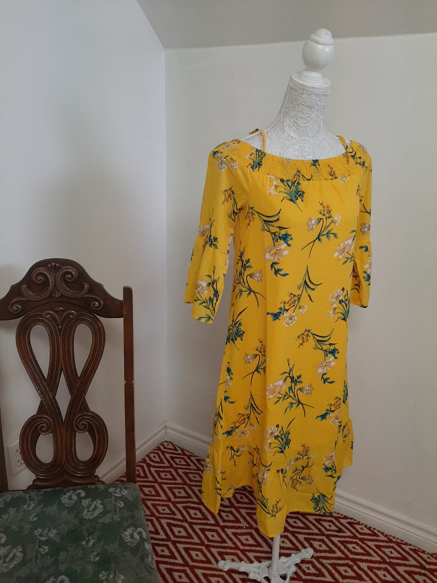 Bright Yellow Floral Off- Shoulder Dress @ DressingStylesCA.com