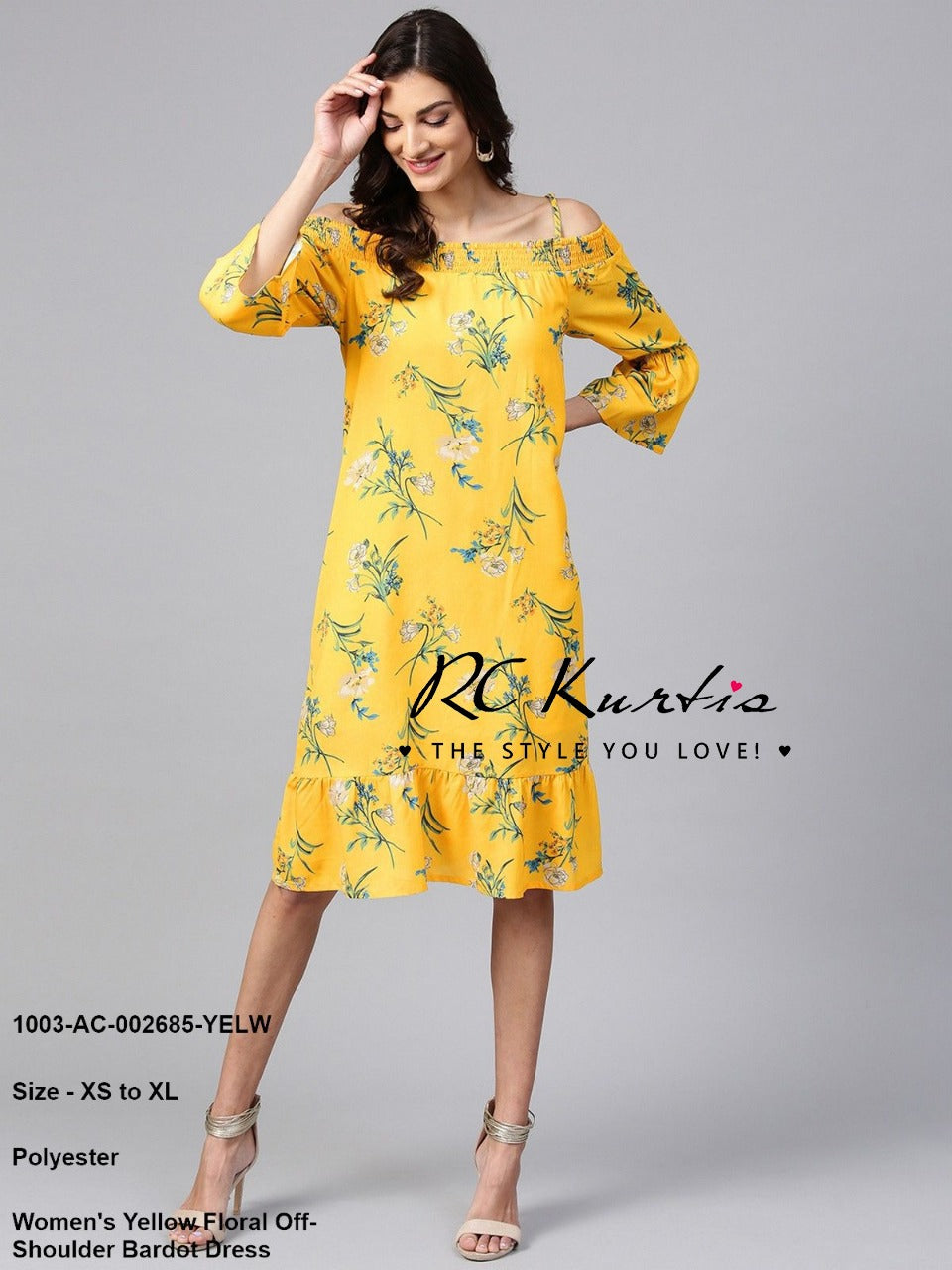 Bright Yellow Floral Off- Shoulder Dress @ DressingStylesCA.com