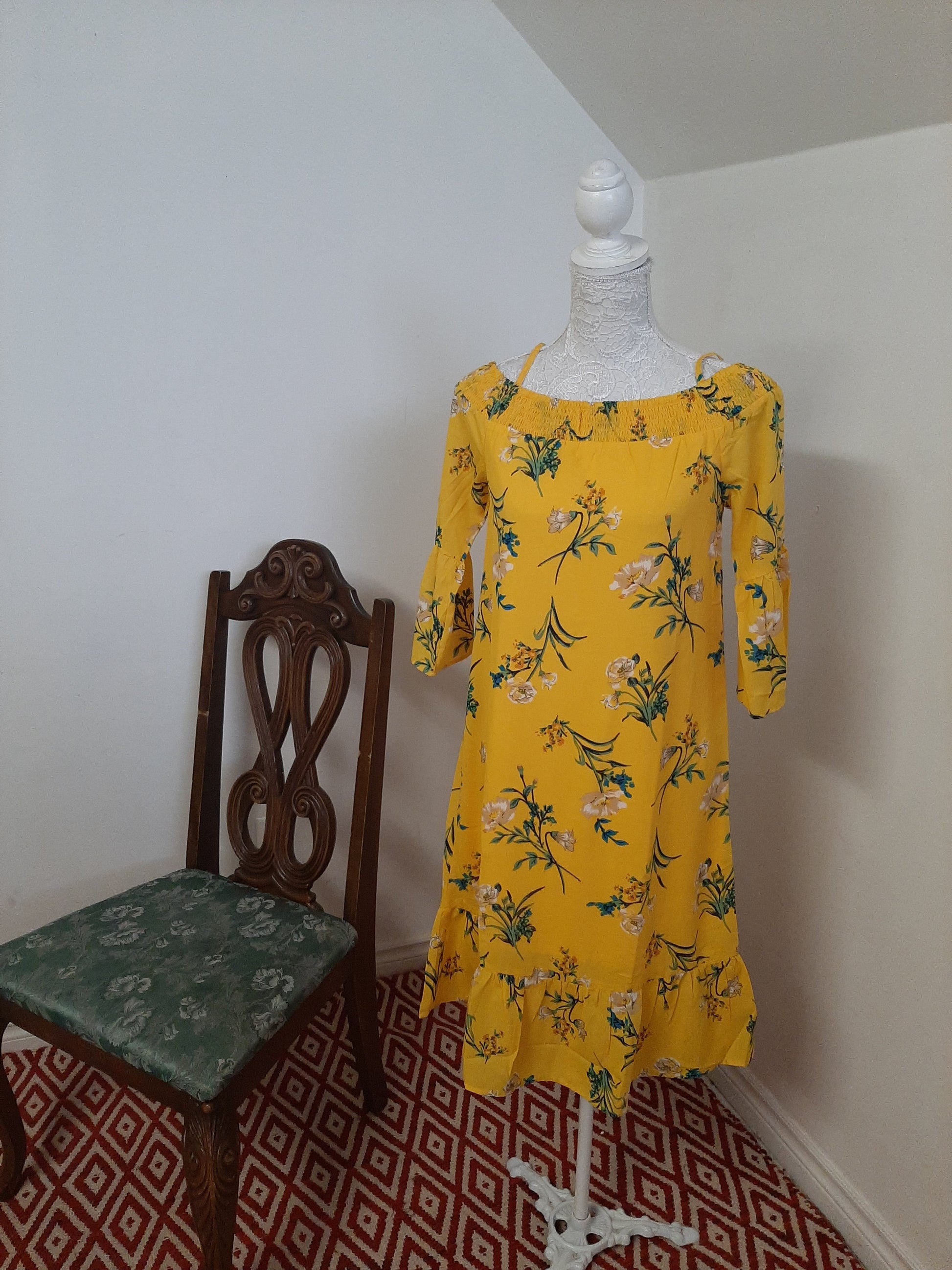 Bright Yellow Floral Off- Shoulder Dress @ DressingStylesCA.com