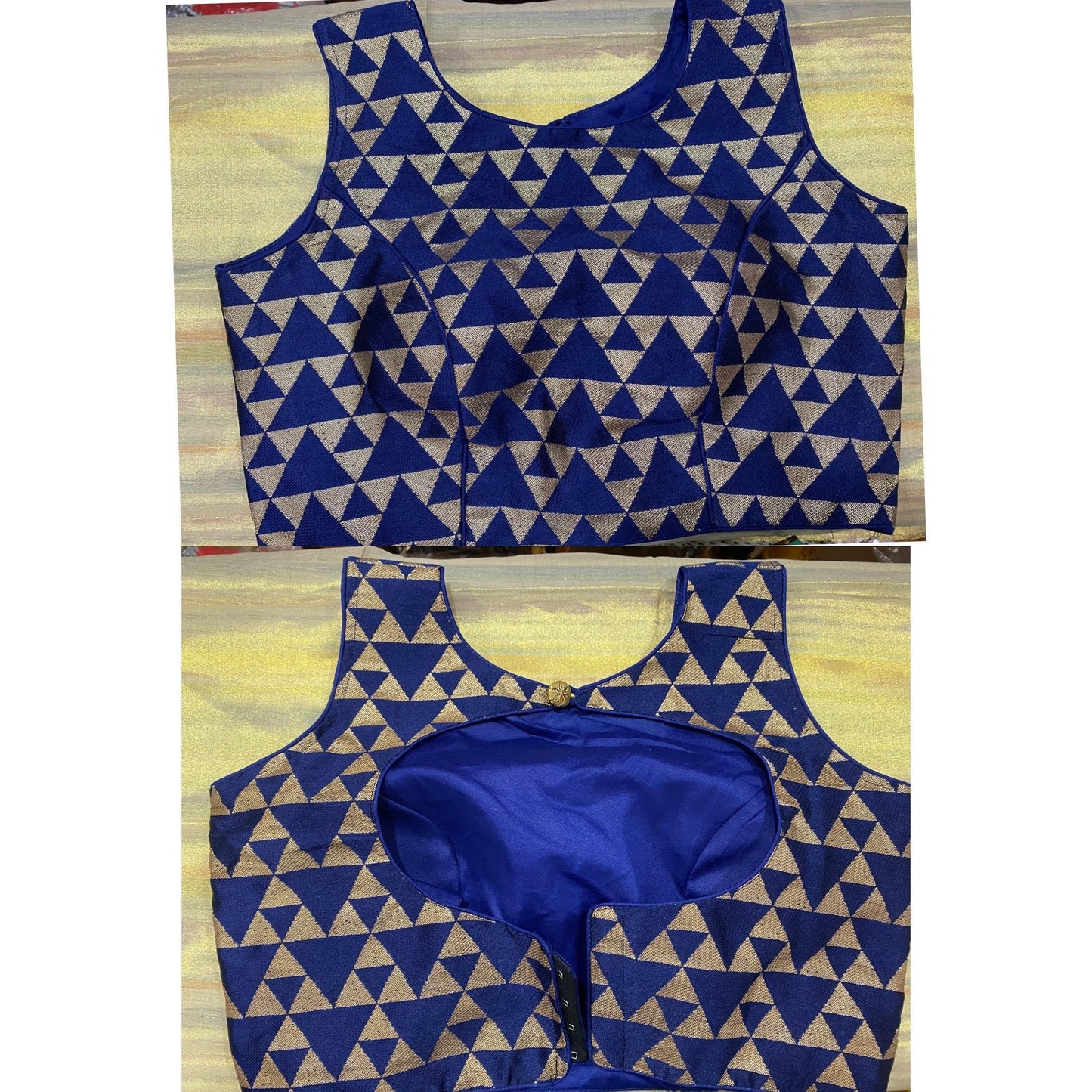 Brocade Blue Blouse with Button @ DressingStylesCA.com