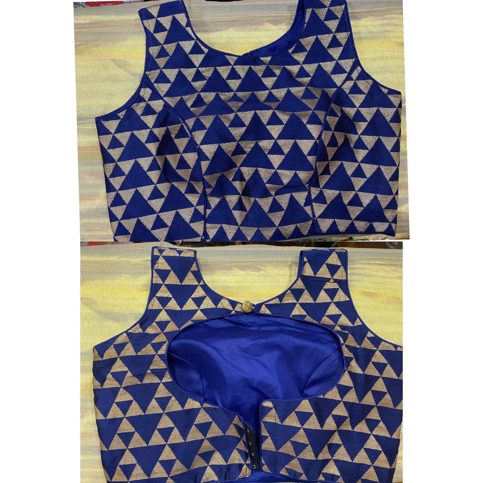 Brocade Blue Blouse with Button @ DressingStylesCA.com