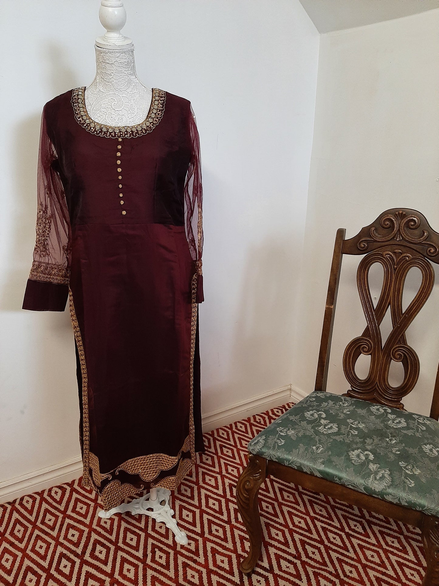 Chocolate Maroon Designer Kurti with Net Dupatta @ DressingStylesCA.com