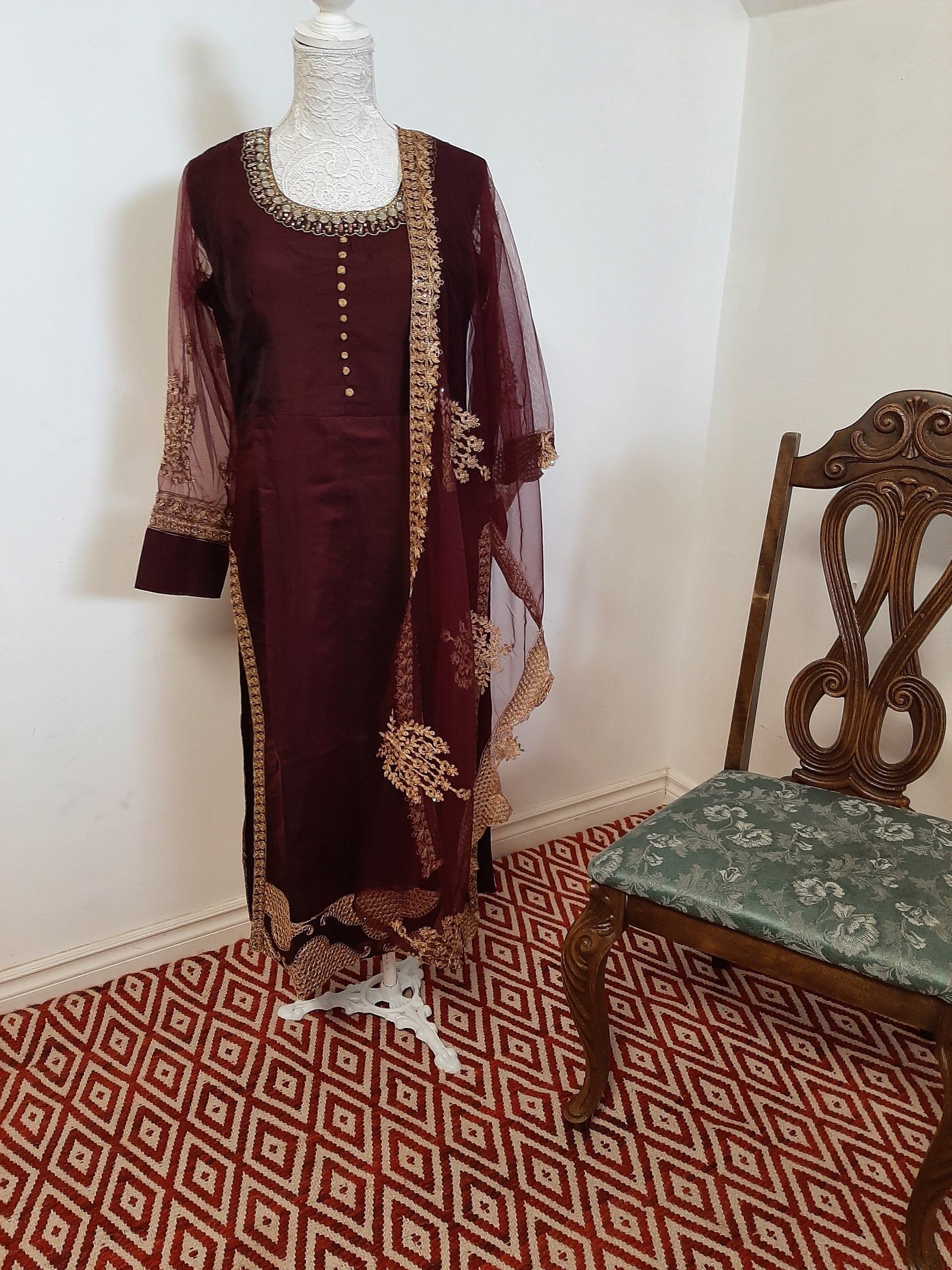 Chocolate Maroon Designer Kurti with Net Dupatta @ DressingStylesCA.com