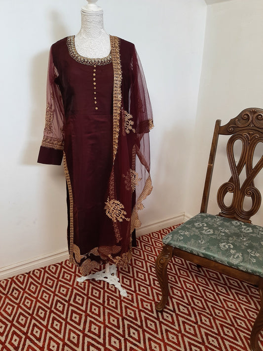 Chocolate Maroon Designer Kurti with Net Dupatta @ DressingStylesCA.com