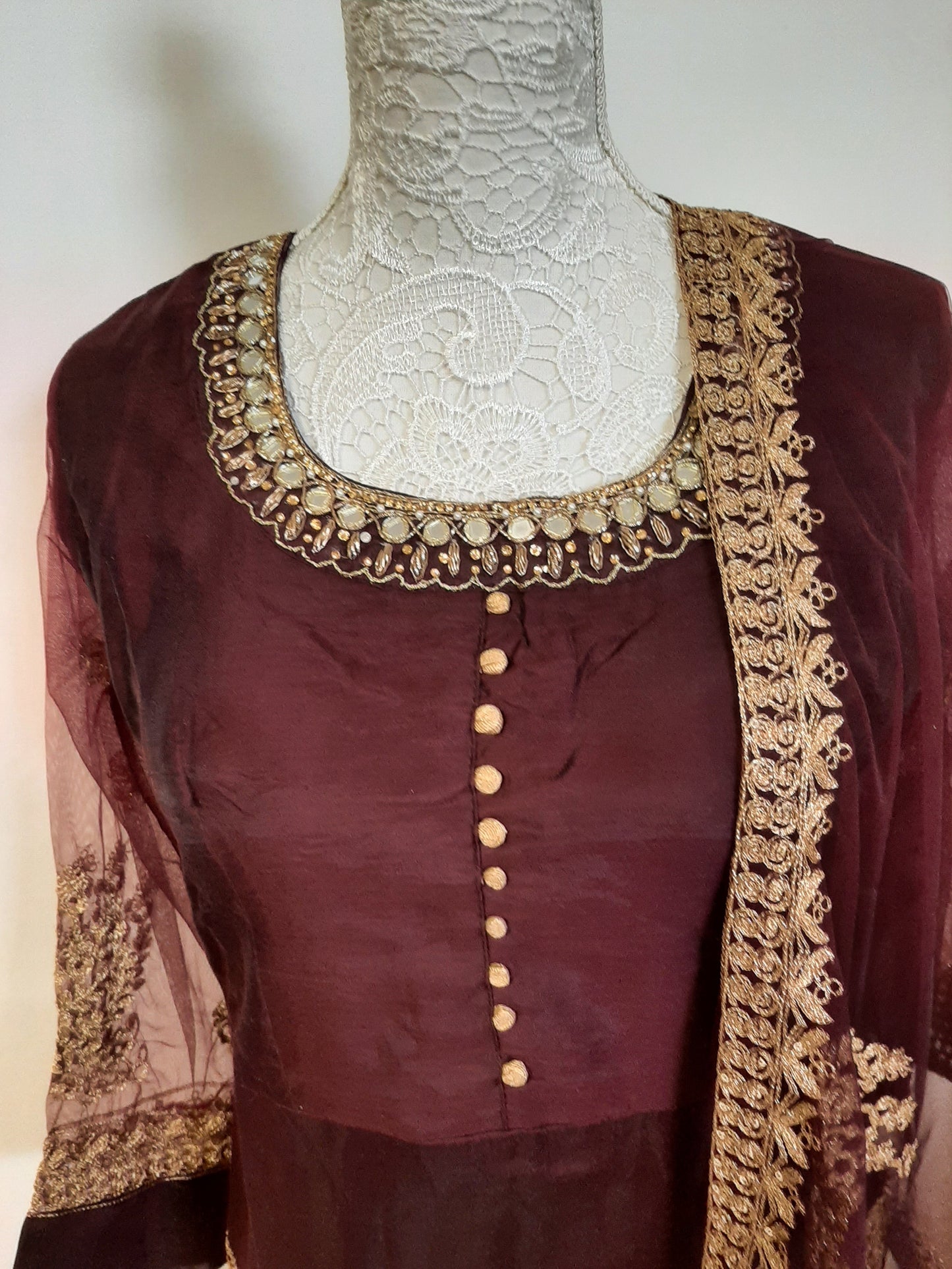 Chocolate Maroon Designer Kurti with Net Dupatta @ DressingStylesCA.com