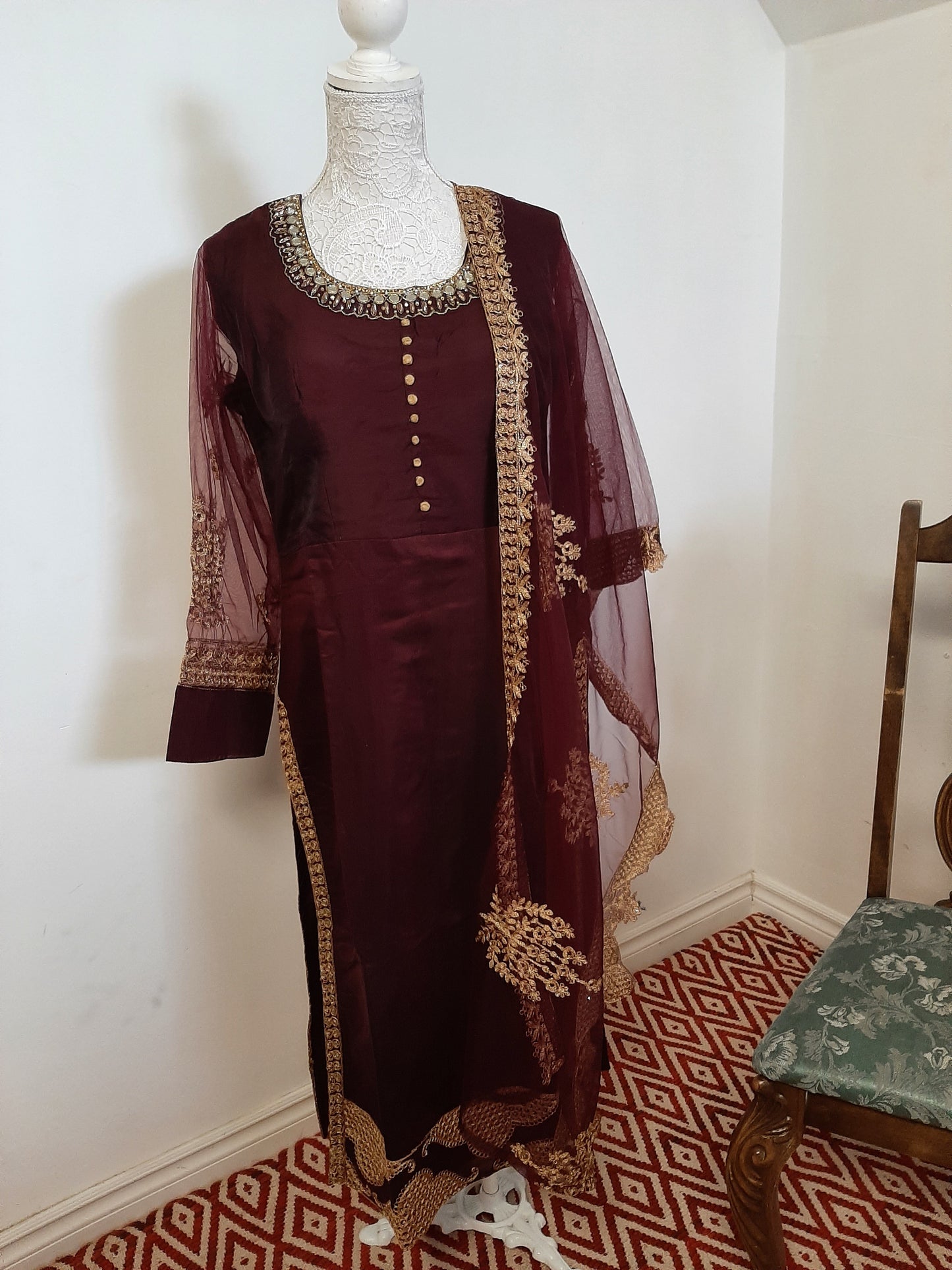 Chocolate Maroon Designer Kurti with Net Dupatta @ DressingStylesCA.com