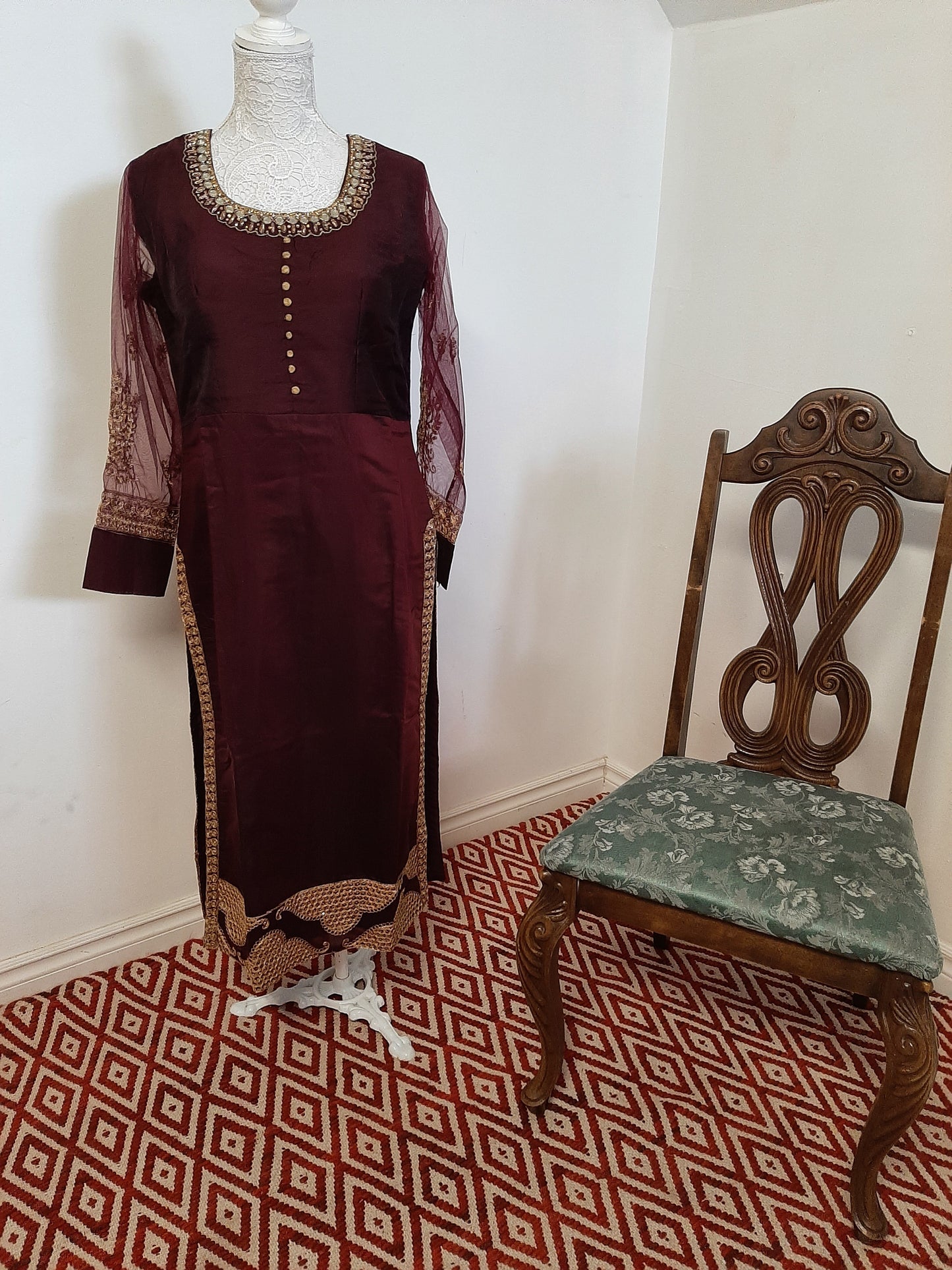 Chocolate Maroon Designer Kurti with Net Dupatta @ DressingStylesCA.com