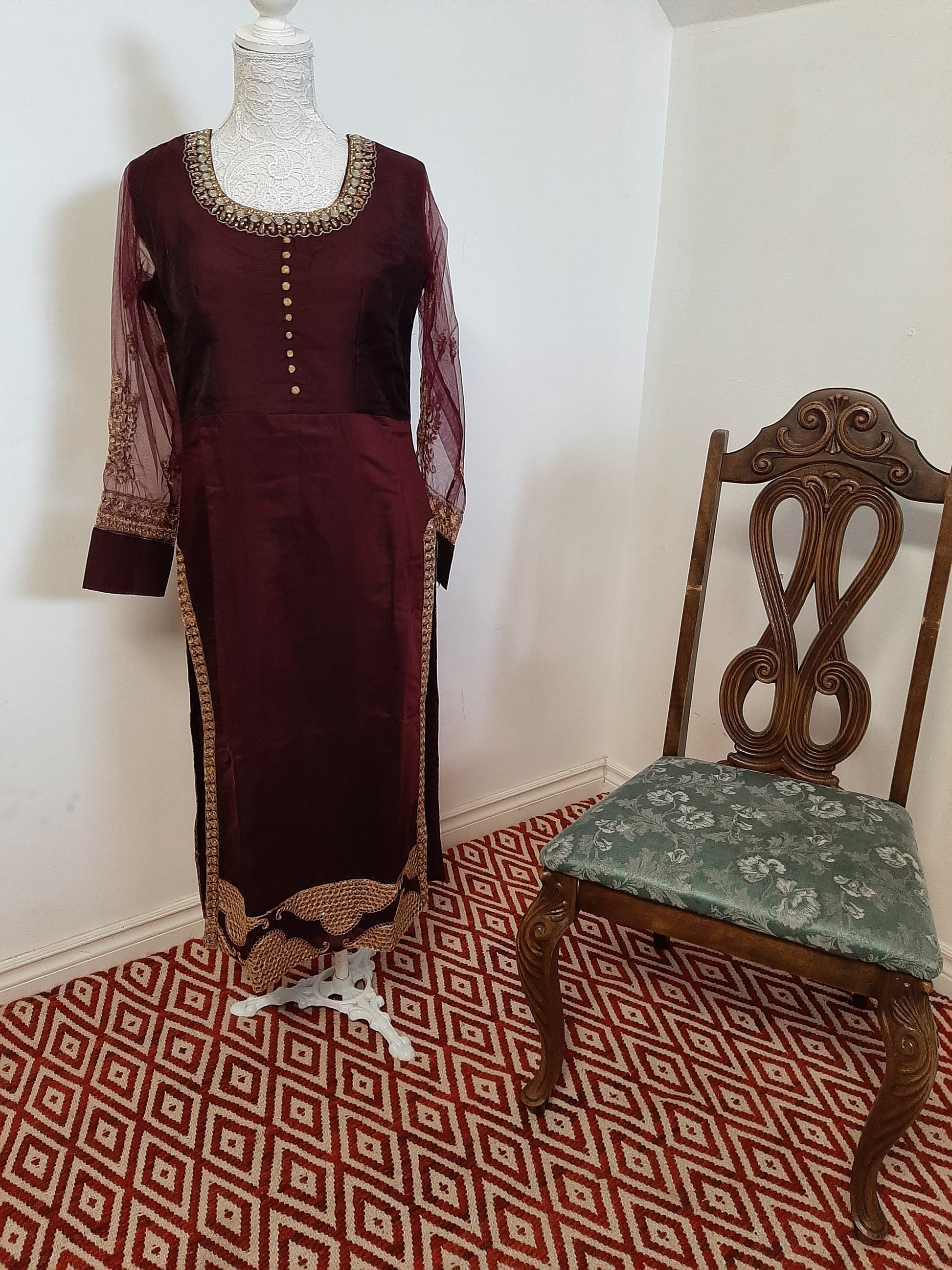 Chocolate Maroon Designer Kurti with Net Dupatta @ DressingStylesCA.com