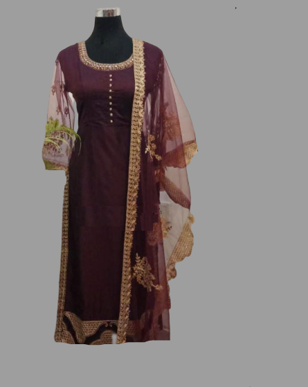 Chocolate Maroon Designer Kurti with Net Dupatta @ DressingStylesCA.com