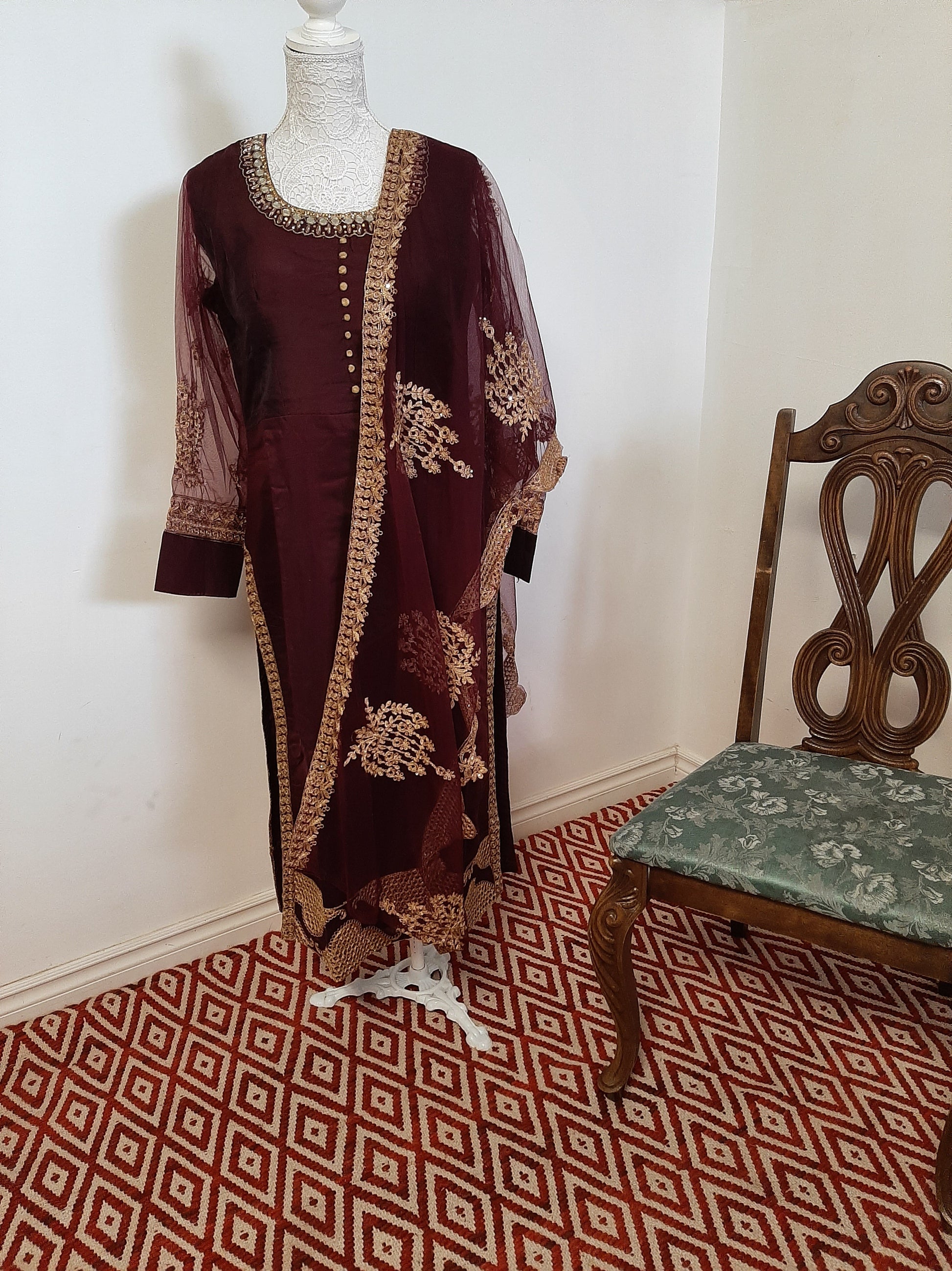 Chocolate Maroon Designer Kurti with Net Dupatta @ DressingStylesCA.com