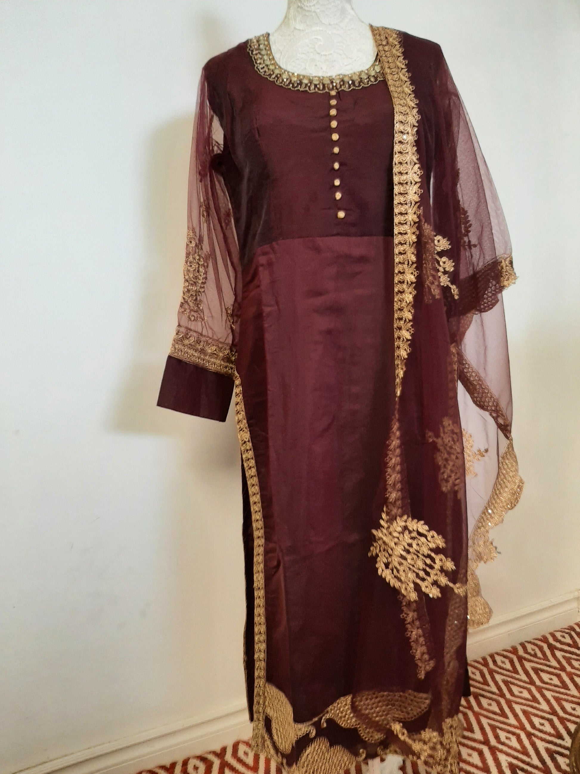 Chocolate Maroon Designer Kurti with Net Dupatta @ DressingStylesCA.com