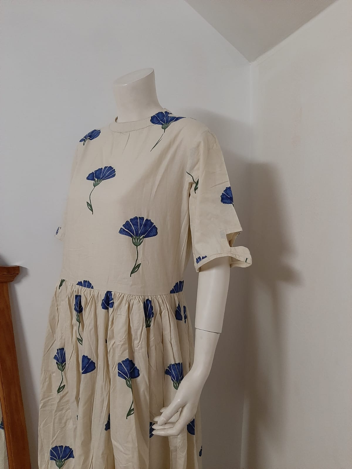 Cream Cotton Kurti with Blue Print motifs @ DressingStylesCA.com