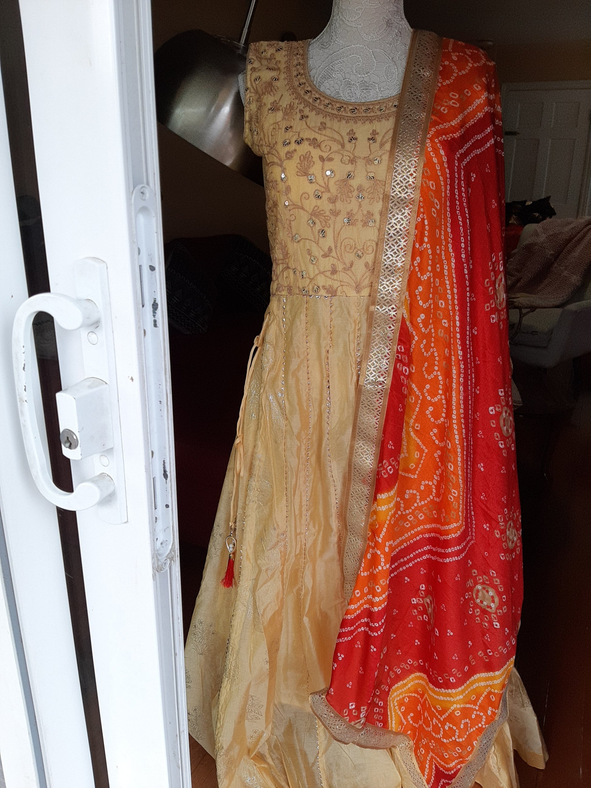 Cream Long Gown with Bandini Dupatta @ DressingStylesCA.com