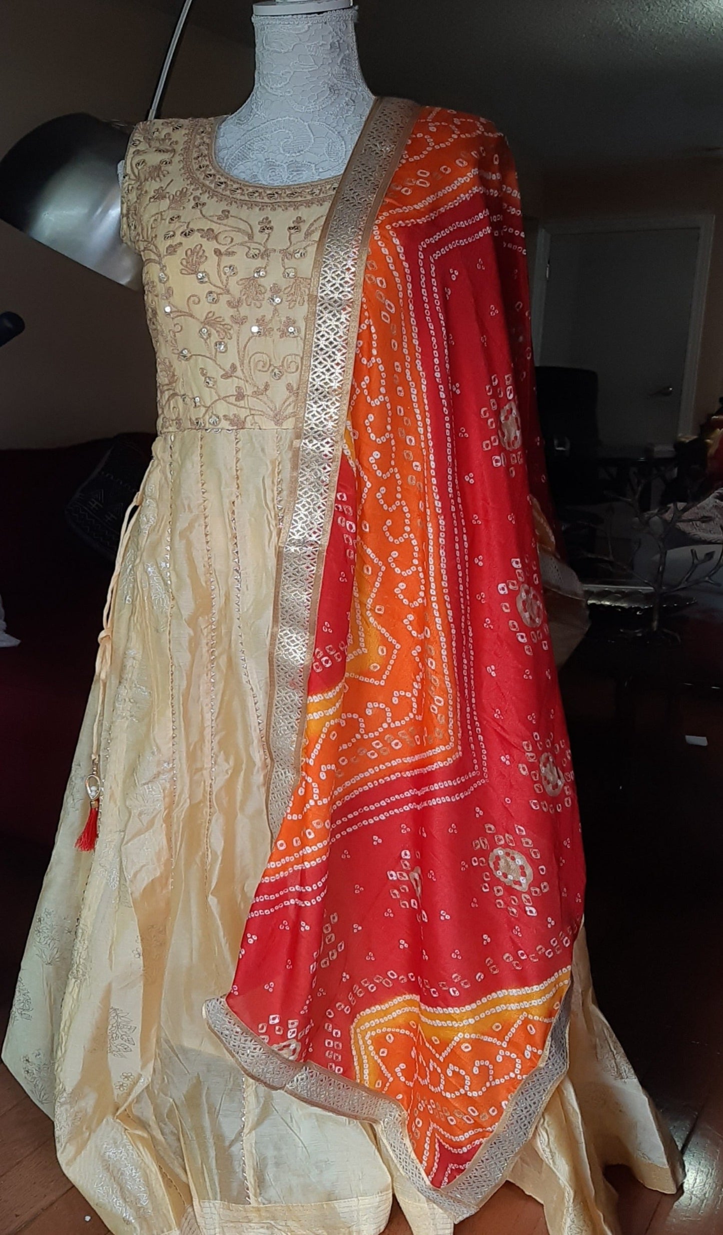 Cream Long Gown with Bandini Dupatta @ DressingStylesCA.com