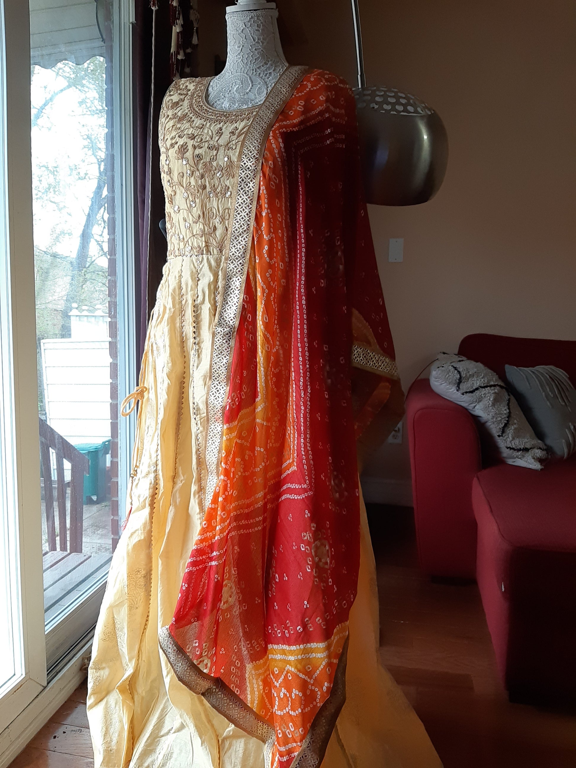 Cream Long Gown with Bandini Dupatta @ DressingStylesCA.com