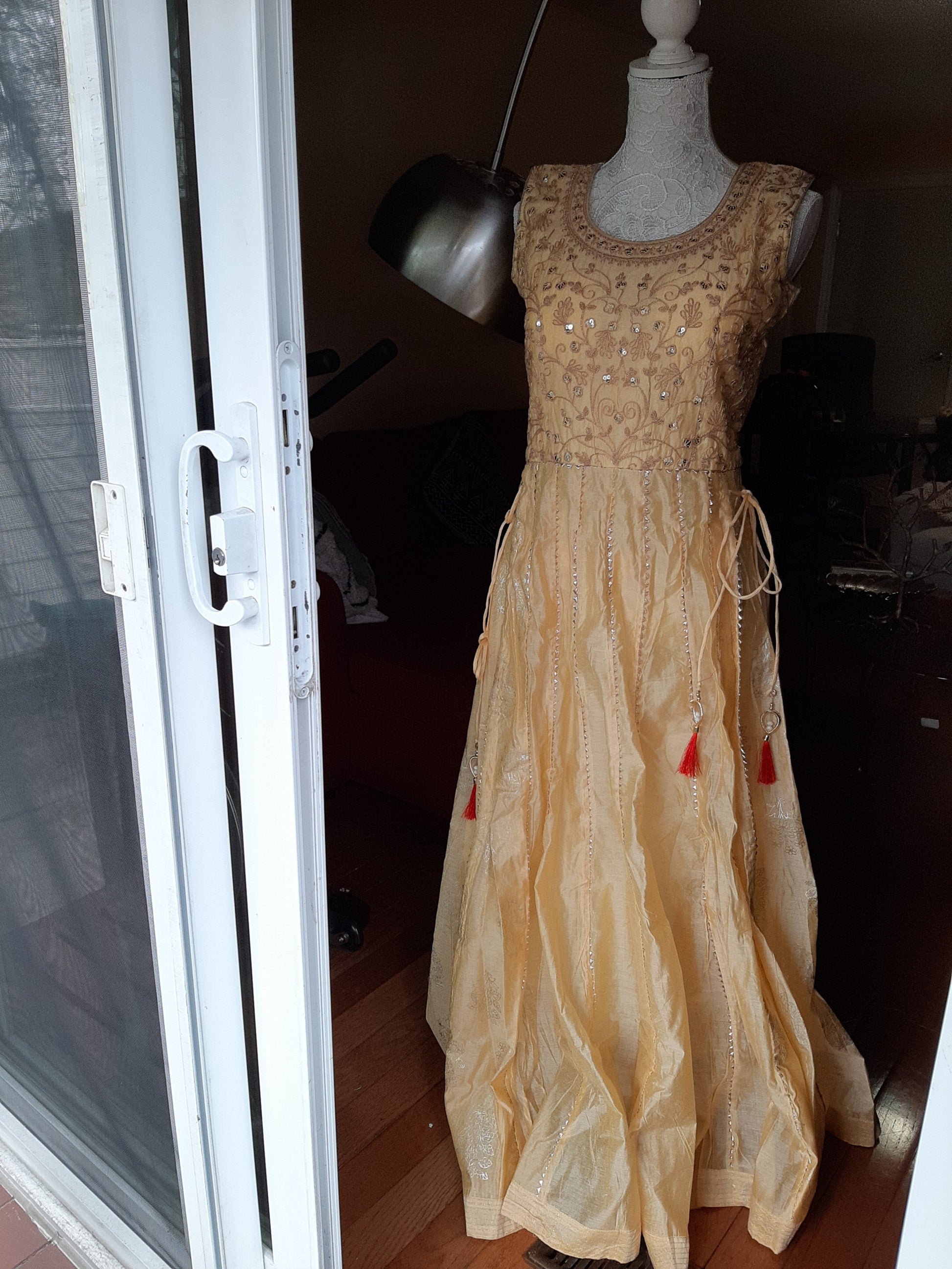 Cream Long Gown with Bandini Dupatta @ DressingStylesCA.com