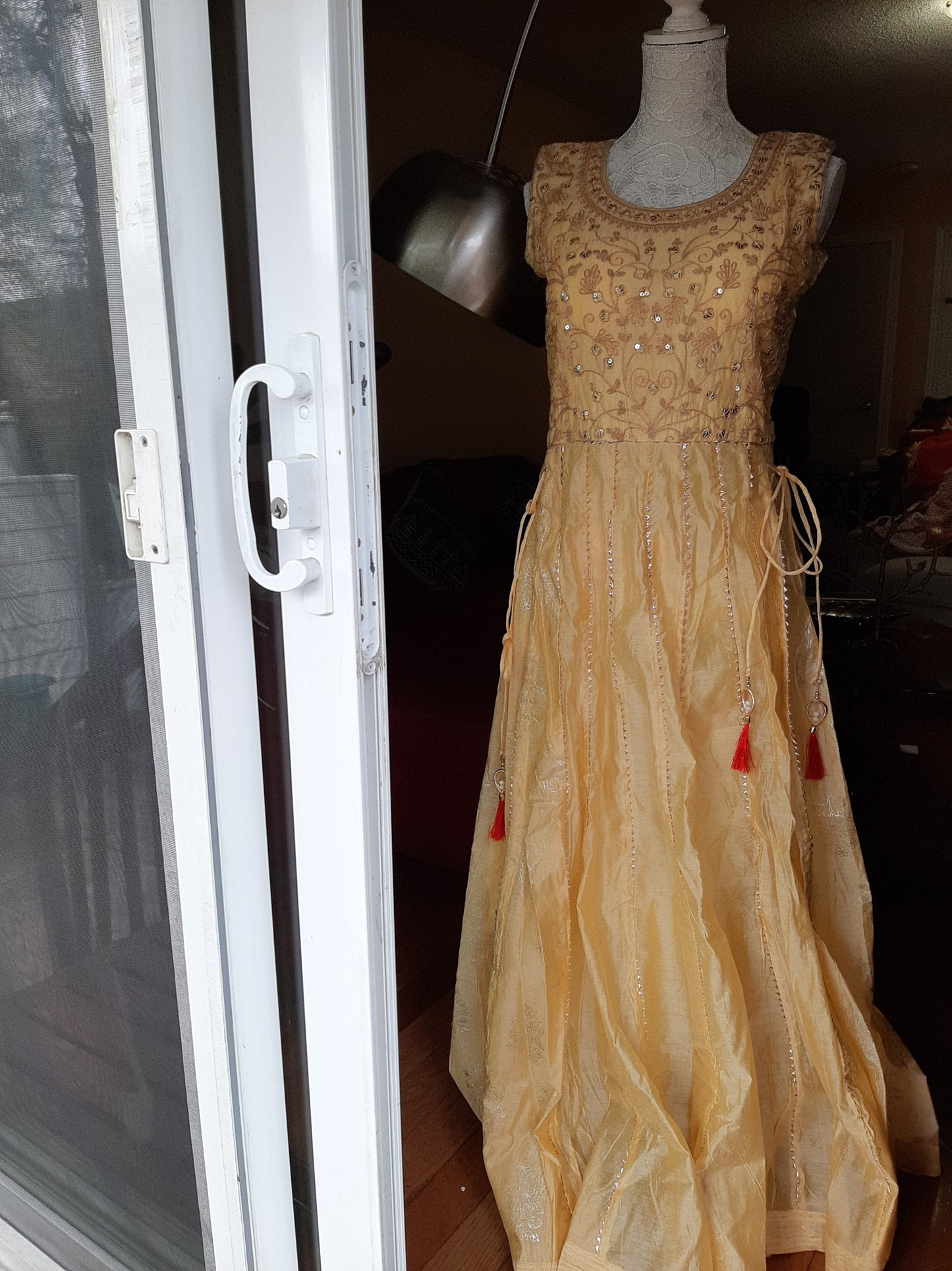 Cream Long Gown with Bandini Dupatta @ DressingStylesCA.com