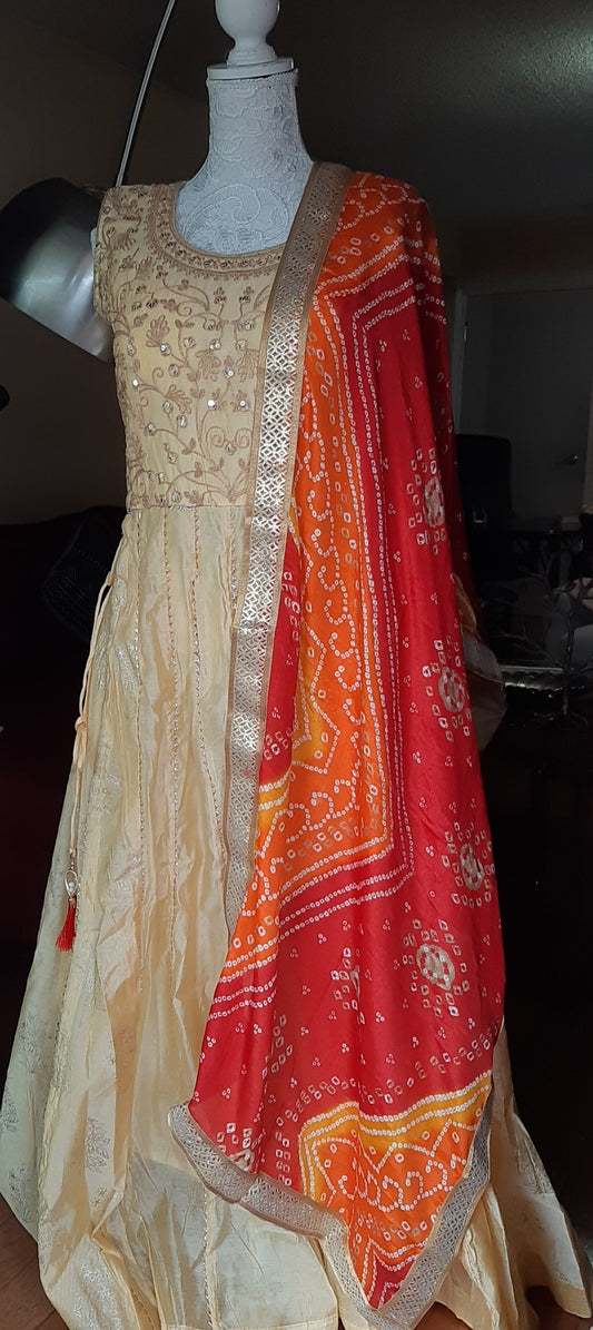 Cream Long Gown with Bandini Dupatta @ DressingStylesCA.com