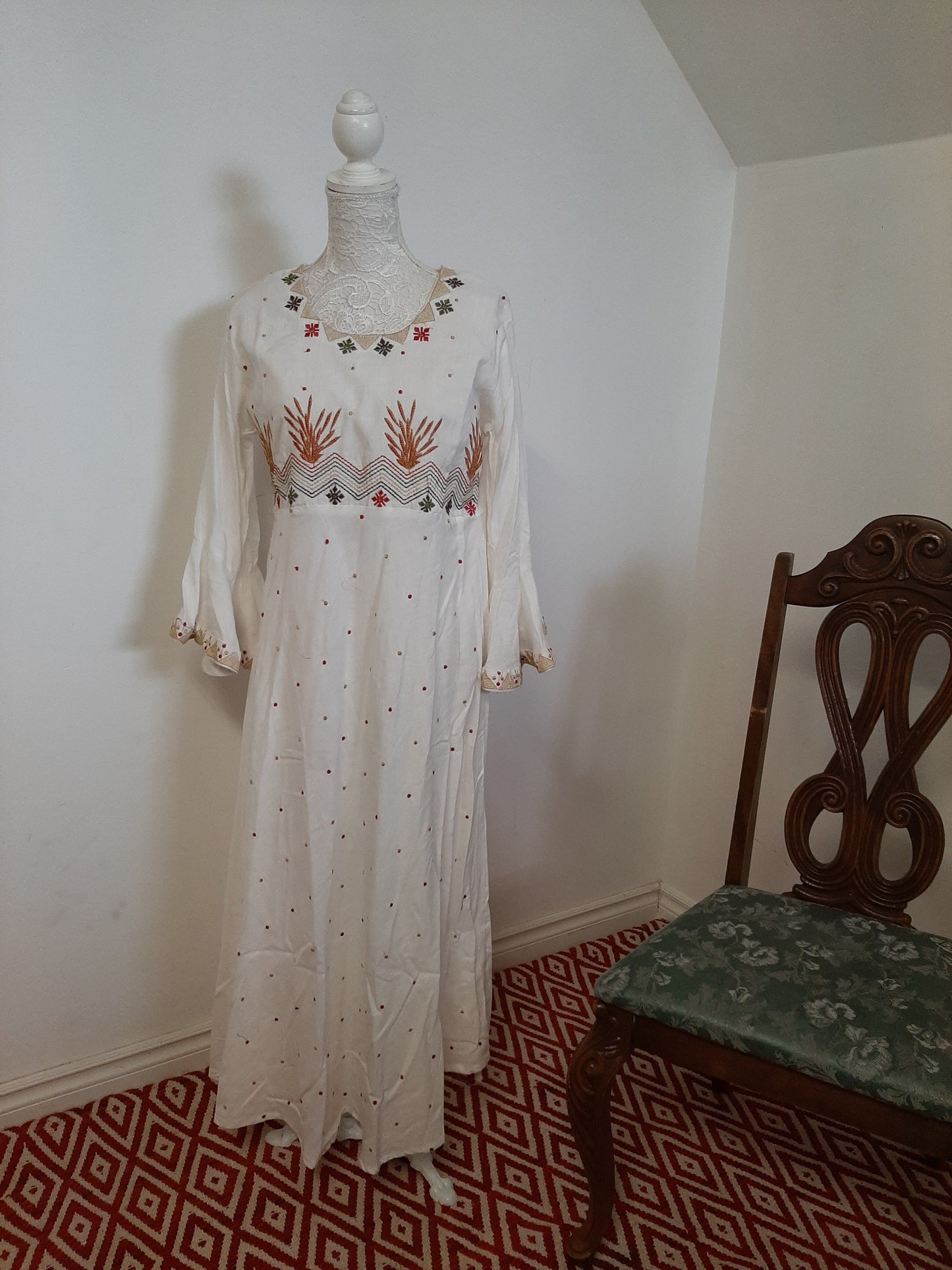 Cream Long Gown with Red Dupatta @ DressingStylesCA.com