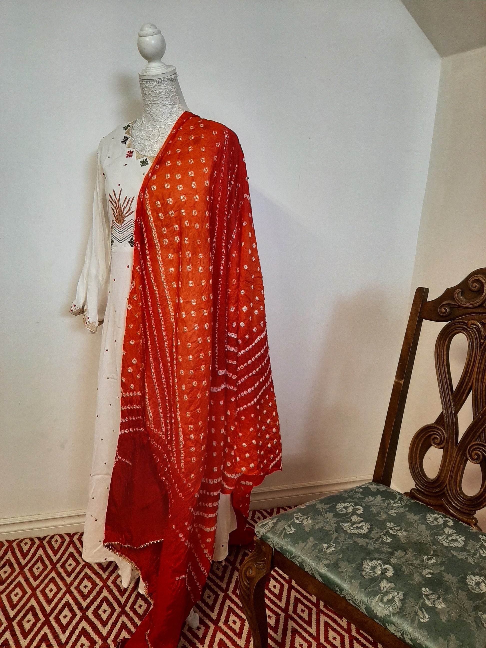 Cream Long Gown with Red Dupatta @ DressingStylesCA.com