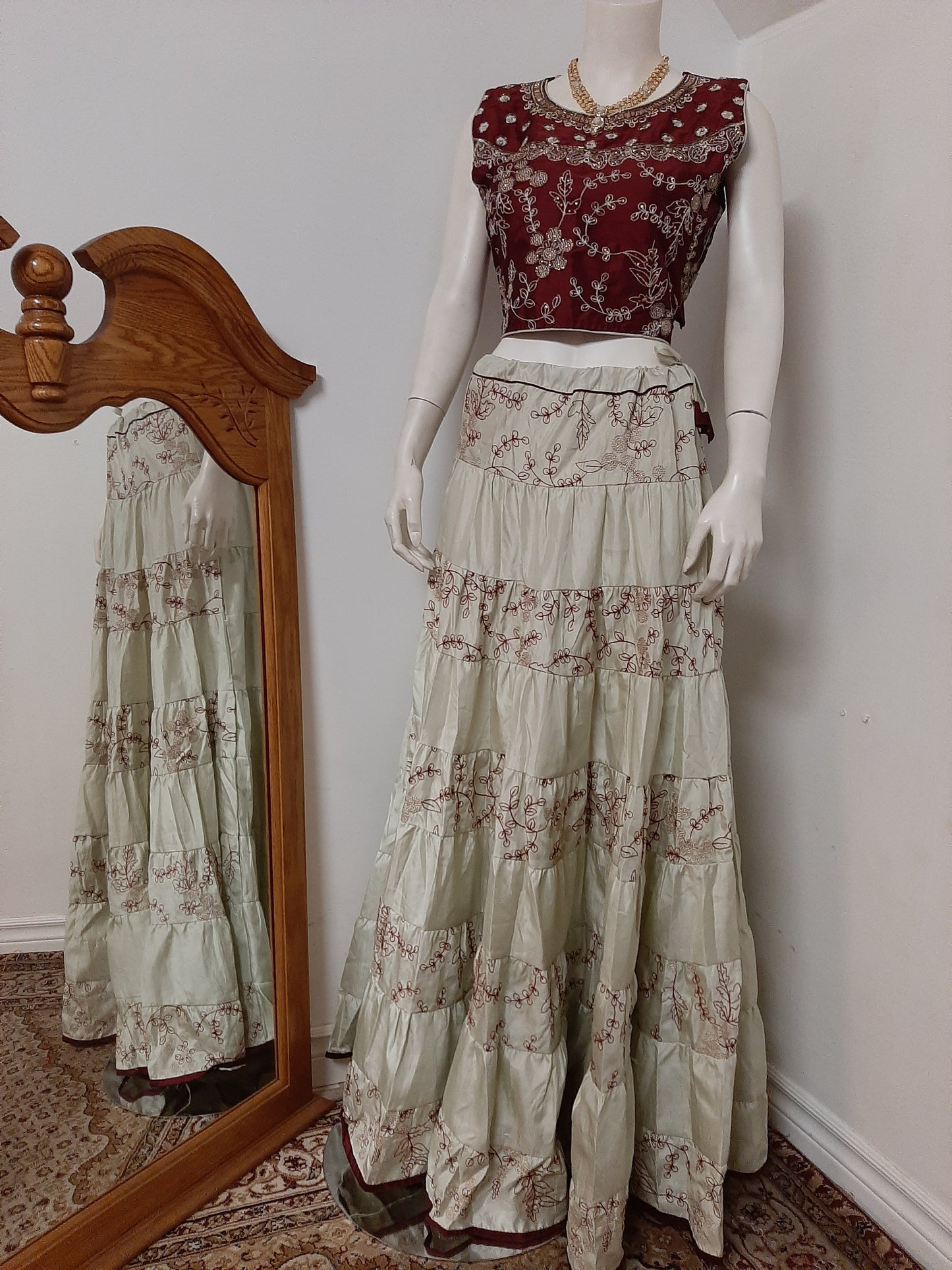 Creamish Green Lehenga with Maroon Blouse and Creamish Dupatta @ DressingStylesCA.com