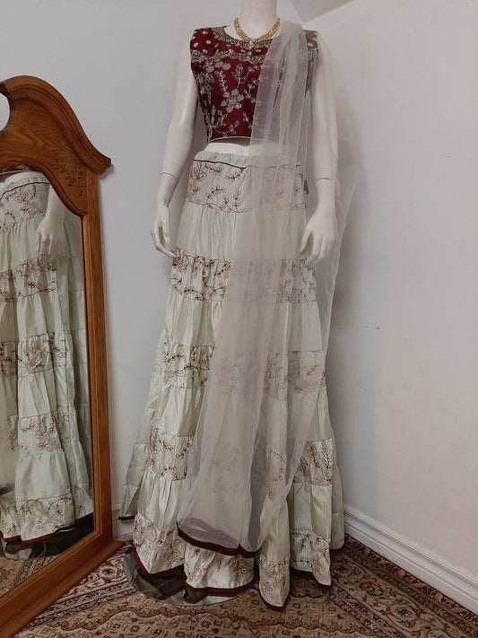 Creamish Green Lehenga with Maroon Blouse and Creamish Dupatta @ DressingStylesCA.com