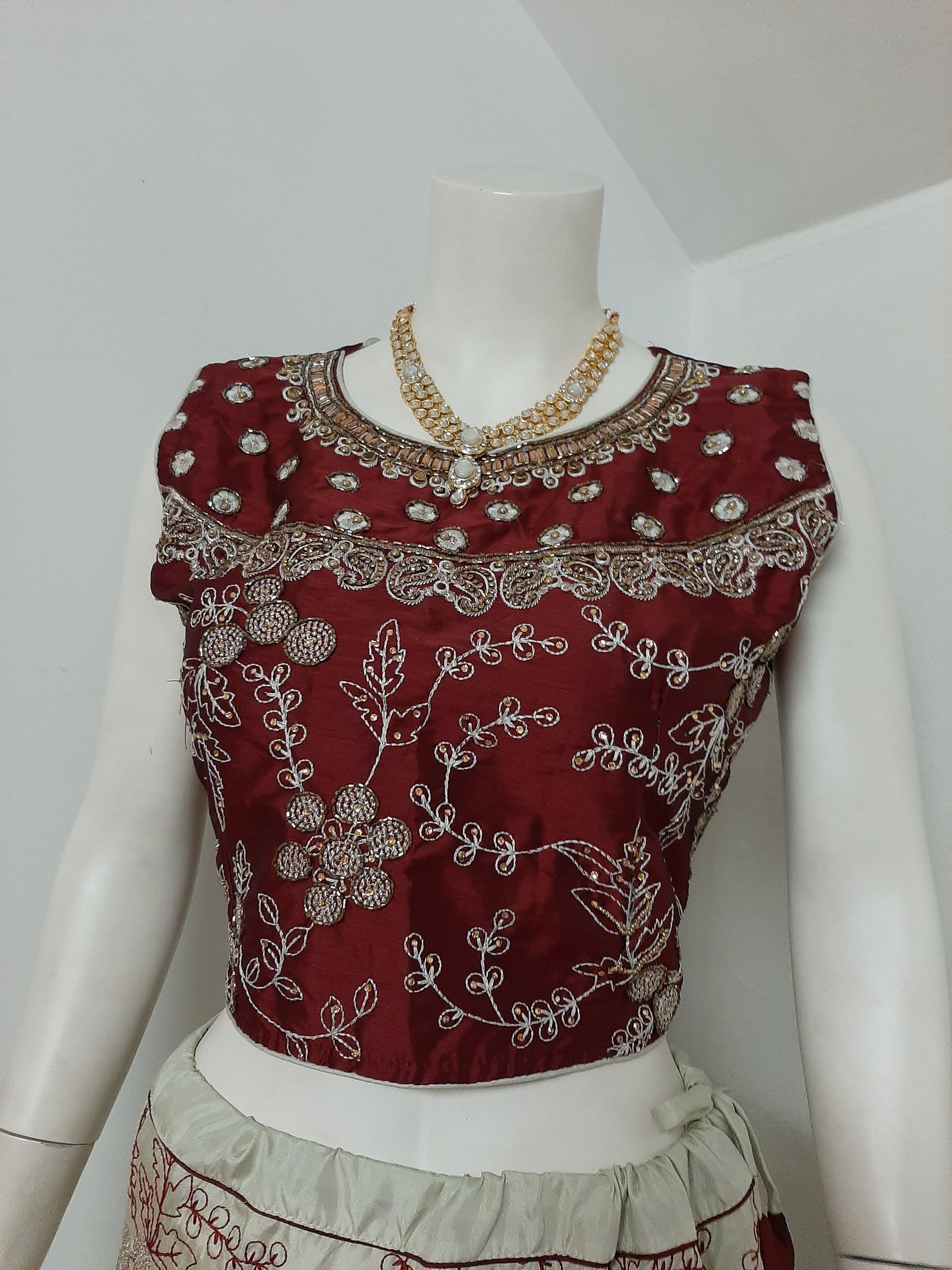 Creamish Green Lehenga with Maroon Blouse and Creamish Dupatta @ DressingStylesCA.com
