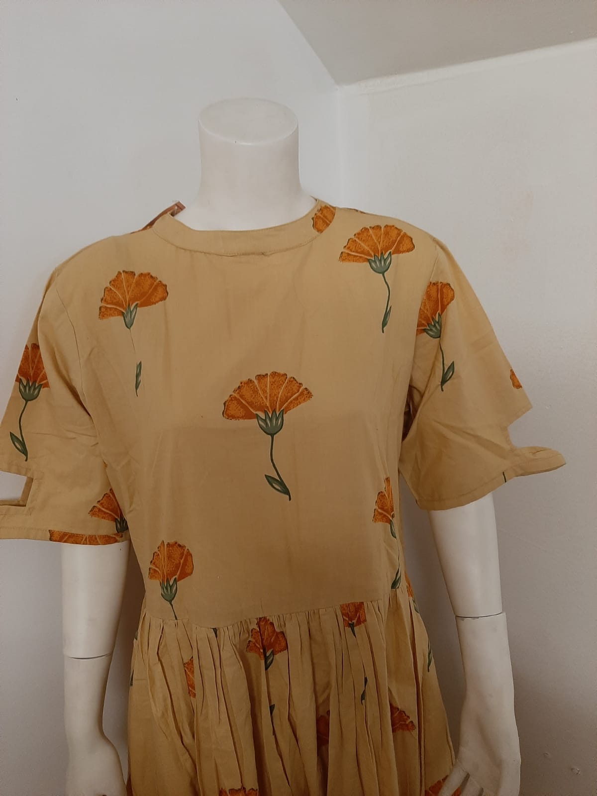 Dark Cream Cotton Kurti with Orange Print motifs @ DressingStylesCA.com