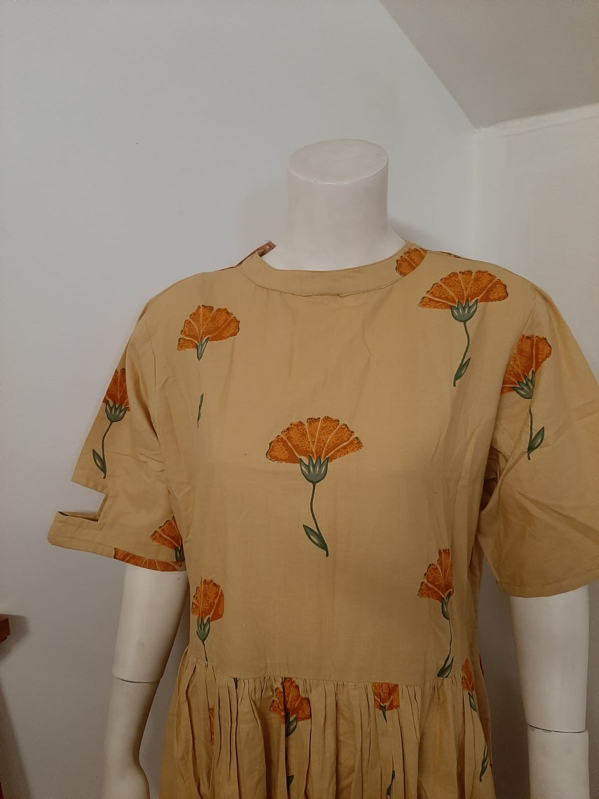 Dark Cream Cotton Kurti with Orange Print motifs @ DressingStylesCA.com