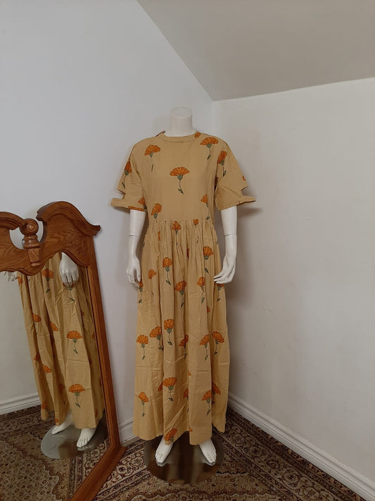 Dark Cream Cotton Kurti with Orange Print motifs @ DressingStylesCA.com